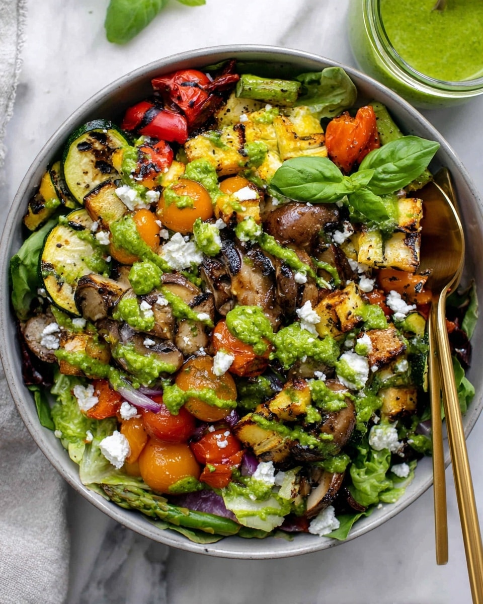 A close-up of a colorful roasted vegetable salad in a white bowl on a white marbled surface. The salad has layers including scattered green asparagus pieces, bright red and yellow bell peppers, grilled zucchini chunks with green skin and pale flesh, roasted onion pieces in light purple and white, mushrooms in brown, and small white crumbles of cheese on top. There is a green sauce drizzled unevenly over the vegetables, and some fresh green basil leaves mixed in. Two golden chopsticks rest inside the bowl. The photo taken with an iphone --ar 4:5 --v 7