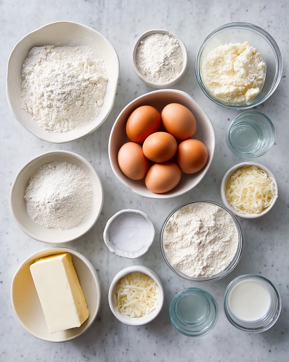 The image shows several white bowls and glass containers filled with different cooking ingredients arranged neatly on a white marbled surface. There are about ten items displayed, including a large white bowl filled with light brown eggs in the center, surrounded by smaller white bowls with white flour, white sugar, and shredded white layers. There are also small glass containers with clear liquids and a white block of butter partially unwrapped, positioned in the lower center. The colors are mostly white and light beige, with the eggs adding a contrast of smooth orange-brown. Everything is placed orderly, with clear textures of powder, grains, and liquid visible. photo taken with an iphone --ar 4:5 --v 7