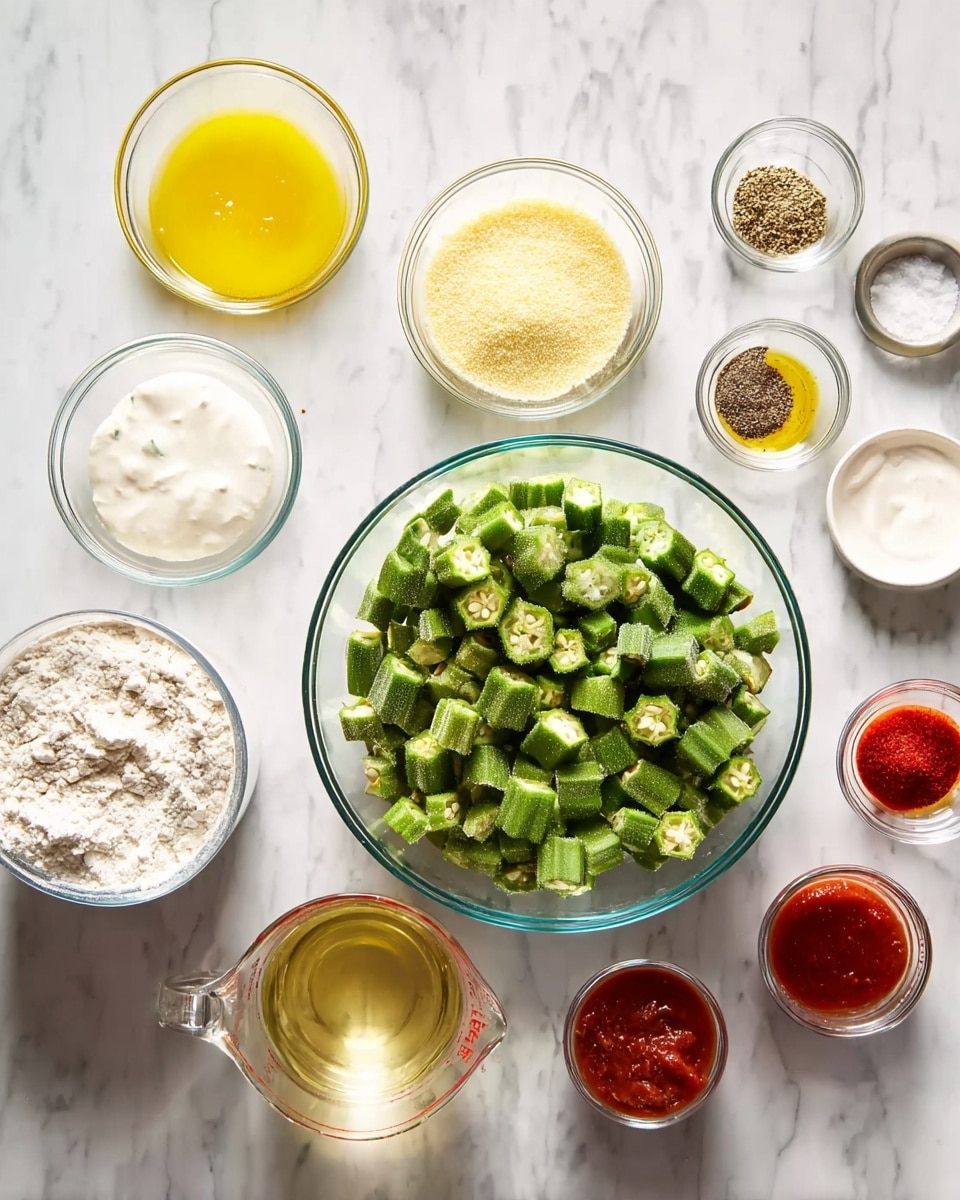On a white marbled surface, there are several clear glass bowls and a measuring cup arranged neatly. In the center, a large clear glass bowl holds bright green chopped okra with a fresh texture. Above it, from left to right, there is a small glass bowl with a bright yellow beaten egg mixture, a medium glass bowl filled with pale yellow cornmeal, and another bowl with smooth white sour cream. To the right are two tiny bowls, one with black pepper and the other with red paprika powder. Below these is a clear glass measuring cup filled with a light golden liquid. To the bottom left of the okra bowl is a small bowl of white flour with a powdery texture. At the bottom right are three small bowls filled with red hot sauce, white salt, and yellow seasoning powder. The clean, organized setup is on a white marbled surface. Photo taken with an iphone --ar 4:5 --v 7