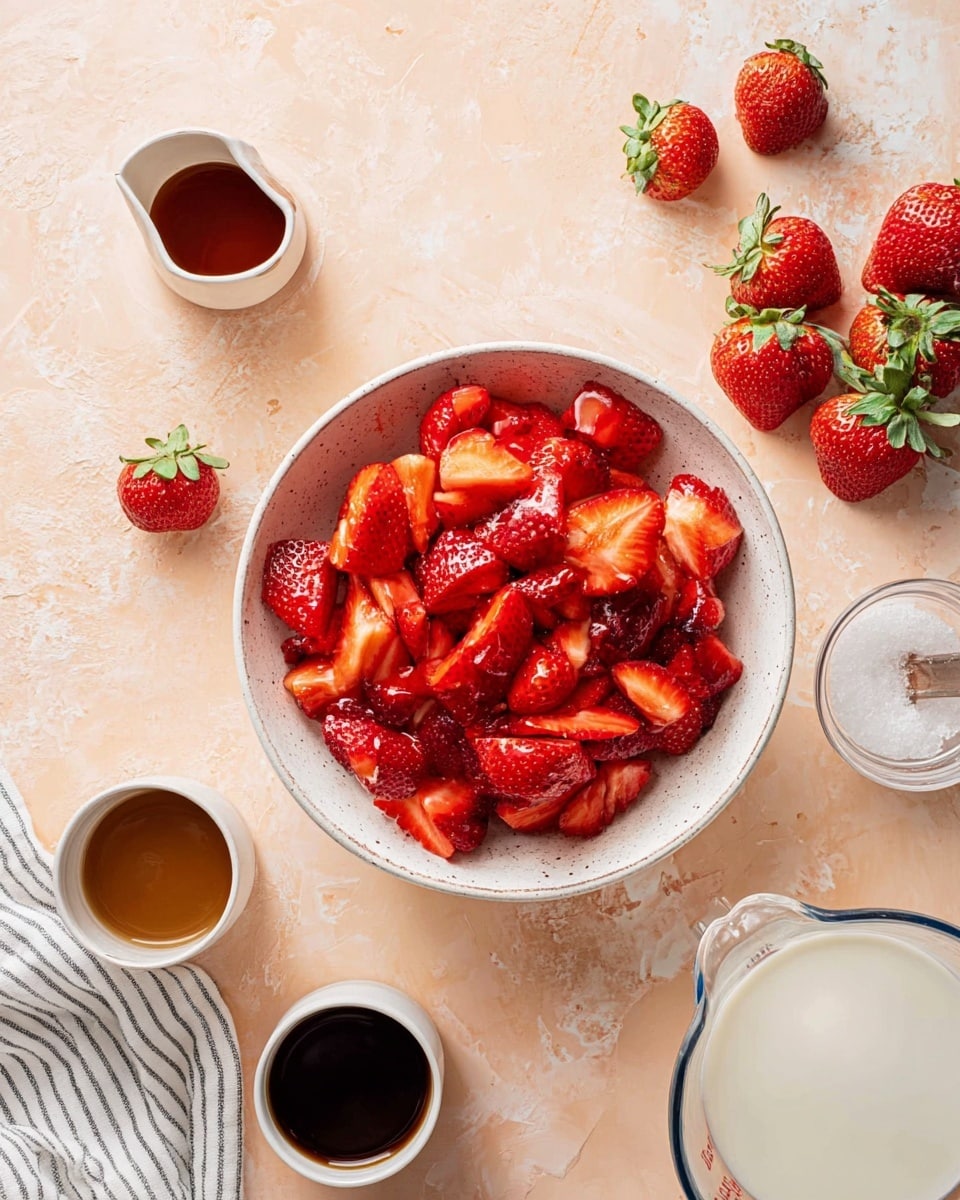 A white rustic bowl filled with bright red, sliced strawberries sits at the center on a light peach textured surface. Around the bowl, whole strawberries with green tops are scattered. To the upper right of the bowl, there is a small white cup filled with dark syrup, and a smaller white dish with a clear, gel-like substance. In the lower right corner, a clear glass measuring cup contains white milk. Two small cups of dark espresso sit close to the bottom edge. A white cloth with thin black stripes is placed to the upper left. The surface beneath everything has a soft peach tone with subtle white marks. photo taken with an iphone --ar 4:5 --v 7