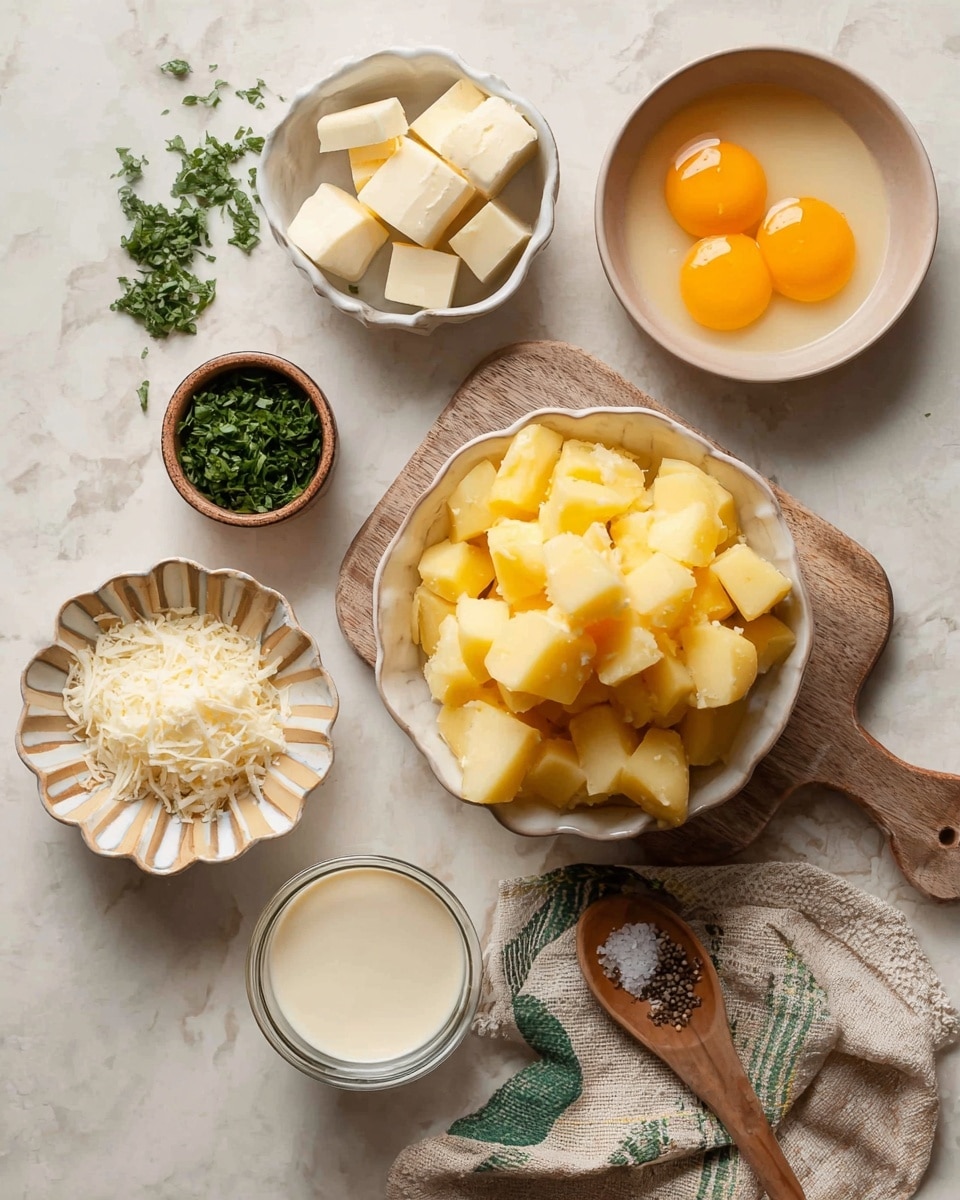 A top-down view of several small bowls and one larger bowl arranged neatly on a white marbled surface. The largest white bowl on a wooden board holds many peeled, chunky yellow potato pieces. To the top right, a beige bowl contains two bright yellow egg yolks. Below it, a white scalloped bowl holds cubes of butter. Next to this, a small bowl with a beige and white striped pattern is filled with grated white cheese. At the bottom, a small clear glass contains a creamy white liquid. A wooden spoon on the right side has a mix of salt and ground black pepper on it, resting on a textured beige cloth. A small brown bowl with chopped fresh green herbs is near the top left. Some green herb pieces are scattered lightly around the bowls. photo taken with an iphone --ar 4:5 --v 7