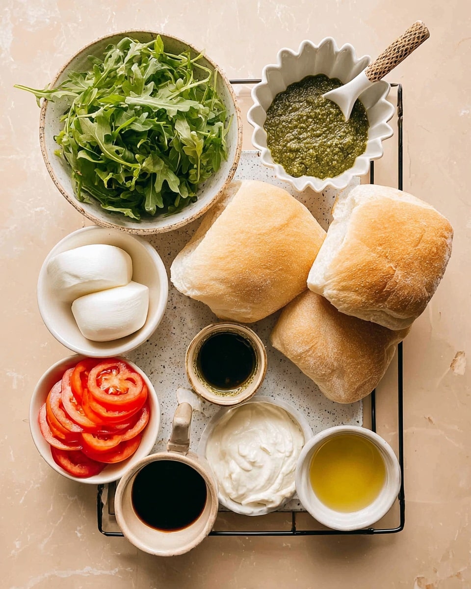 The image shows an arrangement of fresh sandwich ingredients placed on a black wire rack over a white marbled surface. There are two square ciabatta breads with a light brown crust, positioned side by side in the center. Above the breads, there is a bowl of bright green arugula leaves with a textured wooden spoon resting inside. To the right of the arugula, a white petal-shaped bowl holds a coarse green pesto sauce with a white-handled spoon dipped in it. Below the pesto, there is a small beige cup with creamy white mayonnaise and to its left, a small cup with dark balsamic vinegar. At the bottom left, a white bowl contains three slices of red tomato, while a white bowl next to it holds slices of fresh white mozzarella cheese. A small cup of golden olive oil sits at the bottom right corner. The whole setup is neat and balanced on a soft light beige background. photo taken with an iphone --ar 4:5 --v 7