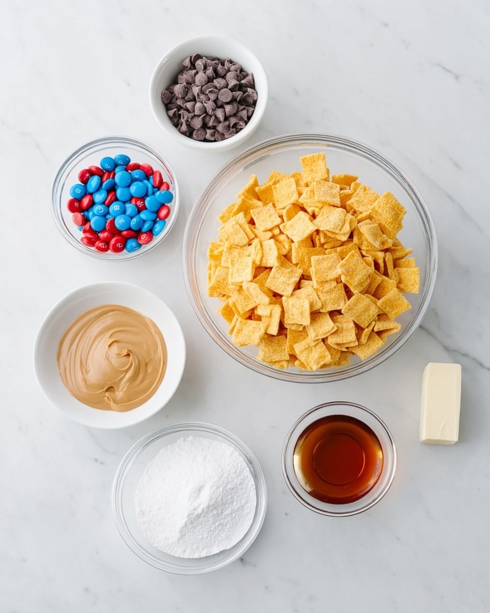 The image shows six bowls and a small stick of butter on a white marbled surface. The largest bowl, clear glass, is filled with a large amount of square, yellow cereal pieces with a textured surface, placed near the center. To its upper left is a small white bowl filled with small, dark brown chocolate chips. Below that is a small white bowl with creamy peanut butter inside. At the bottom left is a medium clear glass bowl filled with white powdered sugar. To the right of the powdered sugar is a small bowl filled with light brown vanilla extract. Above that is a small white bowl filled with red and blue candy-coated chocolates. A small stick of butter with its paper wrapper sits near the center right, slightly below the candy bowl. The background is smooth, clean, and white marbled. Photo taken with an iphone --ar 4:5 --v 7