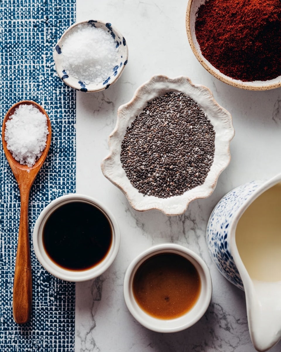 The image shows a white marbled surface with several small bowls and spoons arranged neatly. At the center, there is a rough-edged white bowl filled with small black and white chia seeds. Below it are two small white bowls with dark liquid sauces, one slightly lighter and speckled with blue spots around the rim. To the left, a wooden spoon holds coarse white salt, next to a white ceramic spoon filled with light brown liquid. The top right corner features a white bowl with a dark red powder inside, and the bottom right corner has a white pitcher with cream or milk. The items are placed on and around a blue and white patterned mat. Photo taken with an iphone --ar 4:5 --v 7