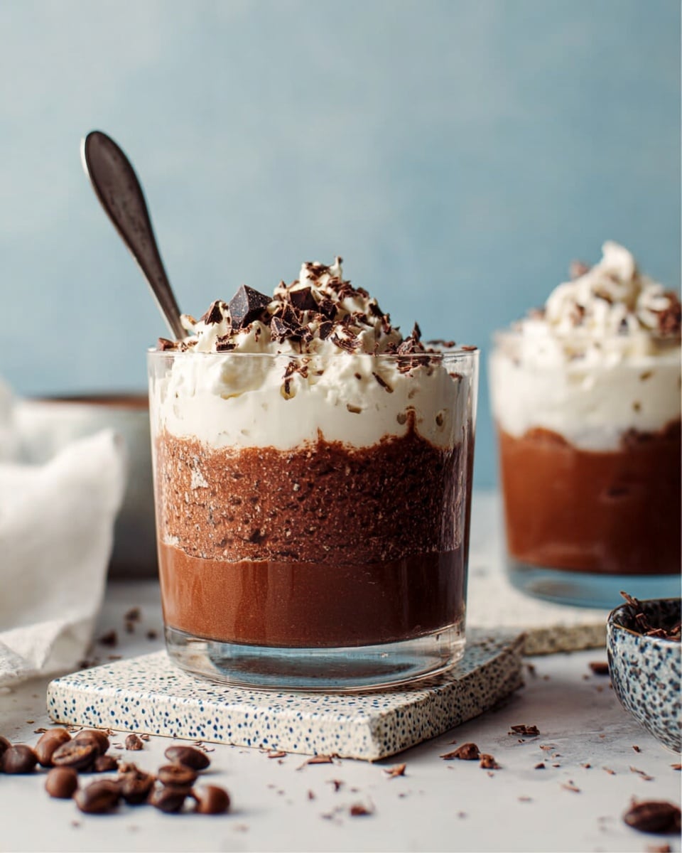 A clear glass holds a two-layer dessert placed on stacked blue patterned books. The bottom layer is a thick, dark brown mixture with small chia seeds visible, showing a rough texture. On top, there is a thick white creamy layer with a smooth texture, sprinkled with small chocolate shavings. A woman's hand is holding a spoon, scooping some of the dessert from the top. The scene is set on a white marbled surface with coffee beans scattered around and a folded orange cloth to the right. The background is a soft pale blue. photo taken with an iphone --ar 4:5 --v 7