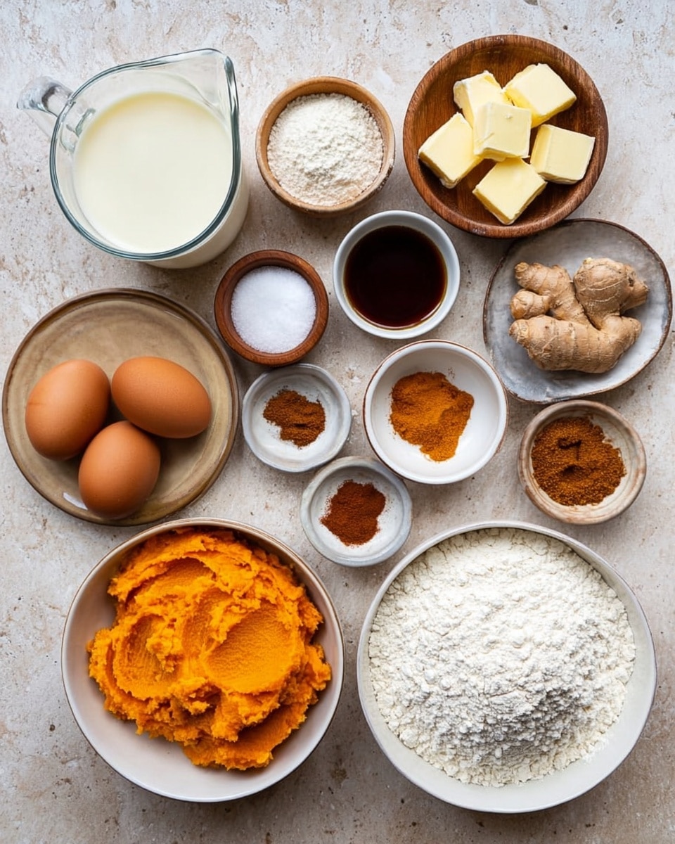 The image shows several ingredients arranged neatly on a white marbled surface. There is a large white bowl filled with white flour in the lower right area, next to a small wooden bowl of white granulated sugar and another small wooden bowl of salt. Above these is a white bowl with slices of yellow butter. In the lower left corner is a white bowl holding bright orange mashed pumpkin. Above the pumpkin are two brown eggs and a small bowl of dark maple syrup placed on a round beige plate. Scattered around are small white dishes with different brown and orange spices, including cinnamon and ginger. There is a glass pitcher filled with cream on the top left side. photo taken with an iphone --ar 4:5 --v 7