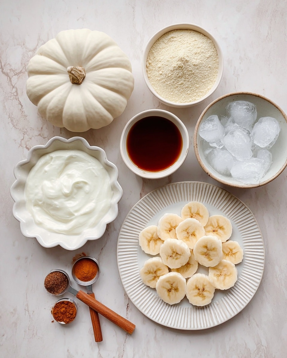 A white pumpkin sits in the top left corner on a white marbled surface. Below it, there is a small white bowl with a scalloped edge filled with smooth white cream. Next to it is a round white bowl filled with light yellow powder. To the right, a small white bowl contains a dark brown liquid. Below this is a slightly larger white bowl with crushed ice. On the rightmost side, a white plate with ridged edges holds several slices of banana, light yellow with brown spots. Nearby, two small measuring spoons with wooden handles hold brown spices. The image is well lit with soft natural light, showing clear textures of each ingredient. photo taken with an iphone --ar 4:5 --v 7