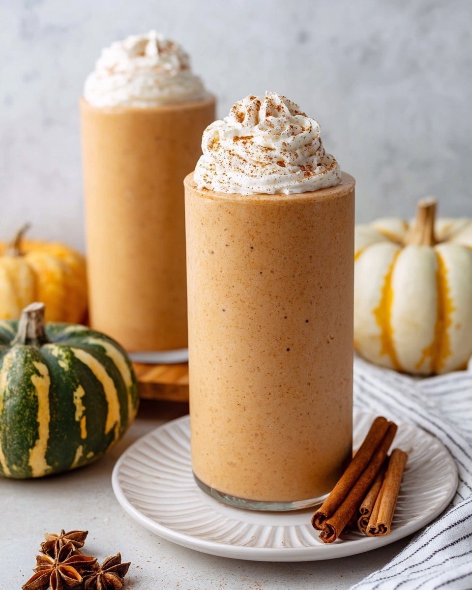 There are two tall glasses filled with a smooth light brown pumpkin smoothie, each topped with a swirl of white whipped cream and a light dusting of brown cinnamon powder. The front glass sits on a white plate with ridged edges and is surrounded by cinnamon sticks and star anise pieces. Behind it, the second glass stands alone on a white marbled surface, next to a striped white towel. In the background, two small decorative pumpkins, one dark green with yellow stripes and one light cream with green and yellow stripes, add a cozy touch. The photo is clear and bright, focusing on the creamy texture of the smoothie and the autumn spices. photo taken with an iphone --ar 4:5 --v 7