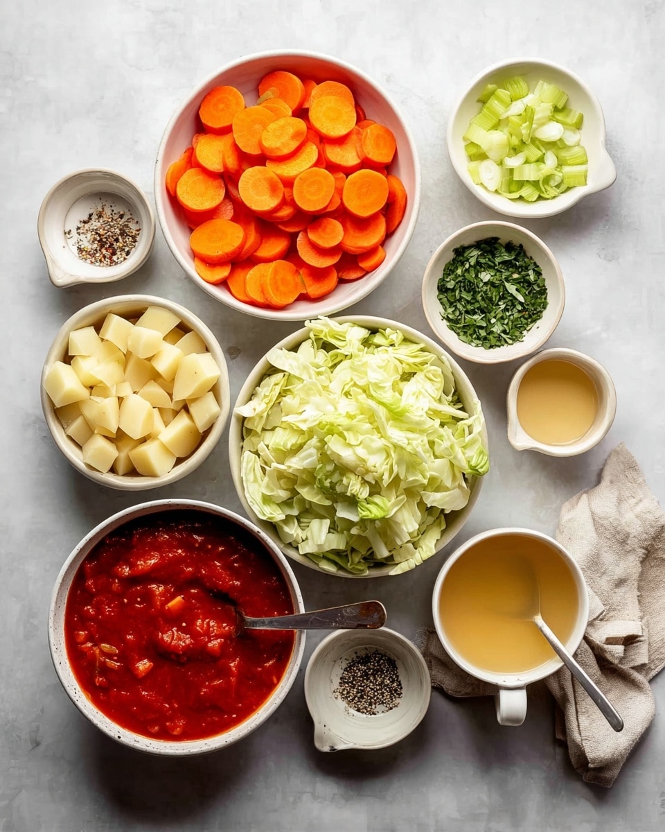 The image shows nine small white bowls arranged neatly on a white marbled surface. The top center bowl is filled with many thin bright orange carrot slices, smooth and round, overlapping each other. Below and slightly right sits a larger bowl full of chopped light green cabbage leaves with irregular shapes. To the right of the cabbage bowl is a small white bowl holding finely chopped dark green herbs. Next to it is a white cup filled with light yellow broth with a metal spoon inside. Below the cabbage, a white bowl contains smooth, bright red tomato sauce with visible small chunks and black flecks. To the left of the tomato sauce bowl, there is a white bowl with pale yellow diced potatoes, smooth and cubed. Above it is a bowl of chopped light green celery pieces. Above that is a small white bowl holding a mix of black and white coarse spices. Near the top right, there is a tiny white bowl with a small amount of light brown liquid. Finally, a small white bowl near the bottom right holds light pale yellow vinegar or oil. A light beige cloth is partially visible near the center right. The entire scene is bright with clean and fresh colors, photo taken with an iphone --ar 4:5 --v 7