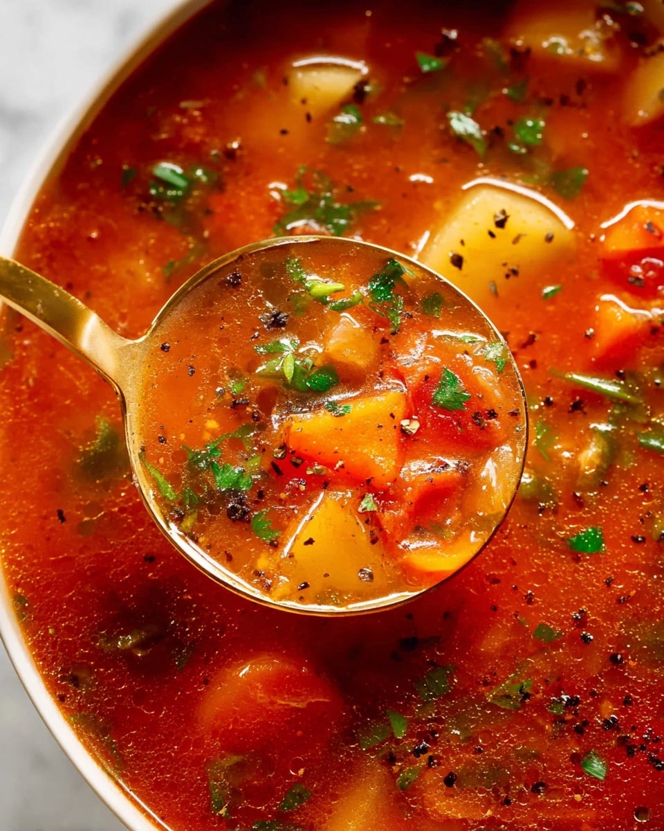 A close-up of a bowl filled with a rich tomato-based soup, showing visible chunks of orange carrots, yellow potatoes, and light green cabbage floating in a red broth speckled with black pepper and garnished with chopped green herbs on top. The soup is served in a beige bowl placed on a wooden board with more green herbs on a small white scalloped dish to the side. Part of another bowl with the same soup can be seen at the bottom left corner, all set on a white marbled surface. Photo taken with an iphone --ar 4:5 --v 7