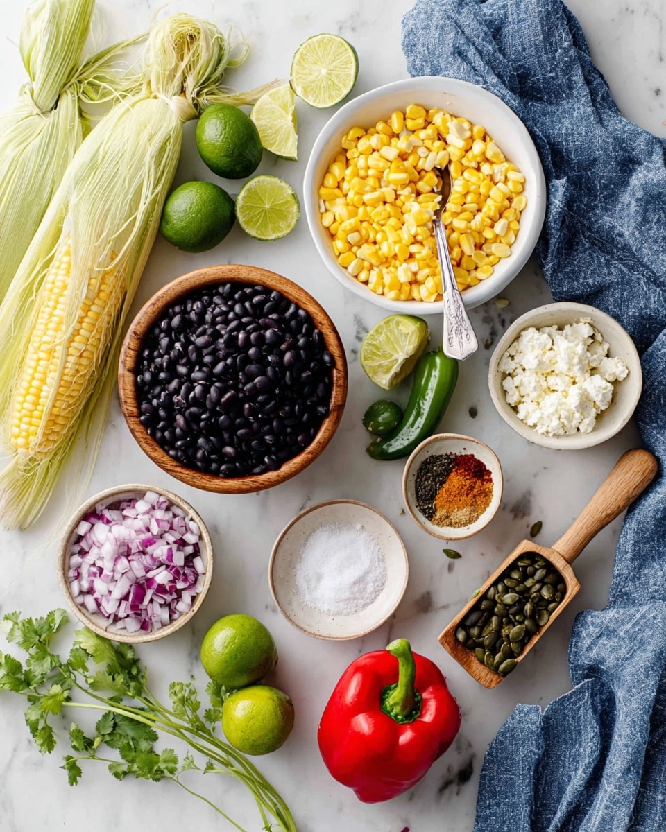 The image shows fresh and colorful ingredients arranged on a white marbled surface, including two ears of corn with yellow and white kernels and husks partially peeled back toward the bottom left, a white bowl filled with bright yellow corn kernels held by a wooden spoon, a wooden bowl of shiny black beans with a silver spoon resting inside it in the top left, a white bowl filled with finely chopped red and white onion pieces near the center bottom, a small wooden scoop filled with dark green pumpkin seeds on the right, and a whole red bell pepper next to small wooden and white bowls filled with white cheese, salt, and brown spices. There are also three whole green limes and one lime half close to the center top, green jalapeño and fresh cilantro sprigs placed around the ingredients, and a crumpled blue cloth near the upper right corner. Photo taken with an iphone --ar 4:5 --v 7