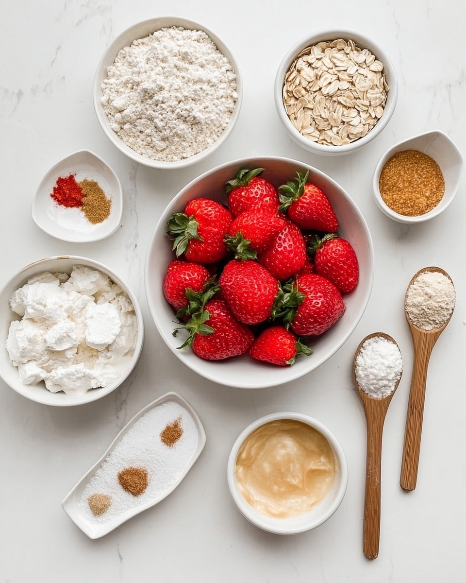 The image shows a white marbled surface with several white bowls and small white dishes arranged neatly. At the center is a large white bowl filled with bright red strawberries that have green leafy tops. Surrounding it are smaller white bowls containing white flour, cottage cheese, rolled oats, brown sugar, and a creamy beige substance. There are also two wooden spoons on the right side holding different powders. On the left, a small white dish has a white powder and a pinch of brown spice. The overall arrangement is clean and bright, showing fresh ingredients ready for cooking, photo taken with an iphone --ar 4:5 --v 7