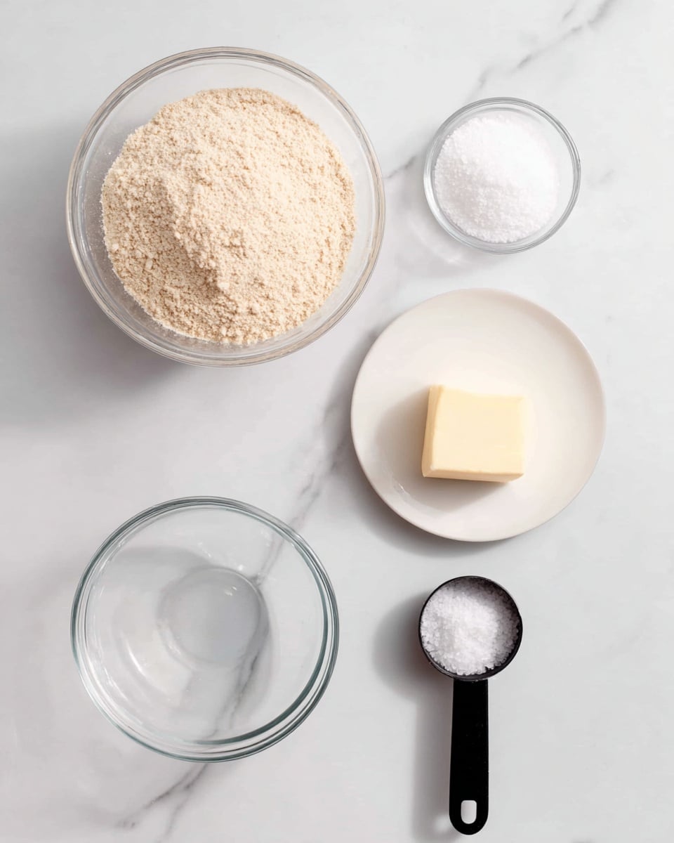 The image shows five ingredients neatly arranged on a white marbled surface. At the top left, there is a large clear glass bowl filled with a light brown flour mixture. To the top right, a small clear bowl contains white granulated sugar. Below this, a small white plate holds a square of pale yellow butter. Towards the bottom, slightly left of center, there is an empty medium clear glass bowl. At the bottom right, a black measuring spoon filled with white salt is placed. The composition is simple, clean, and bright, with soft natural lighting. Photo taken with an iphone --ar 4:5 --v 7