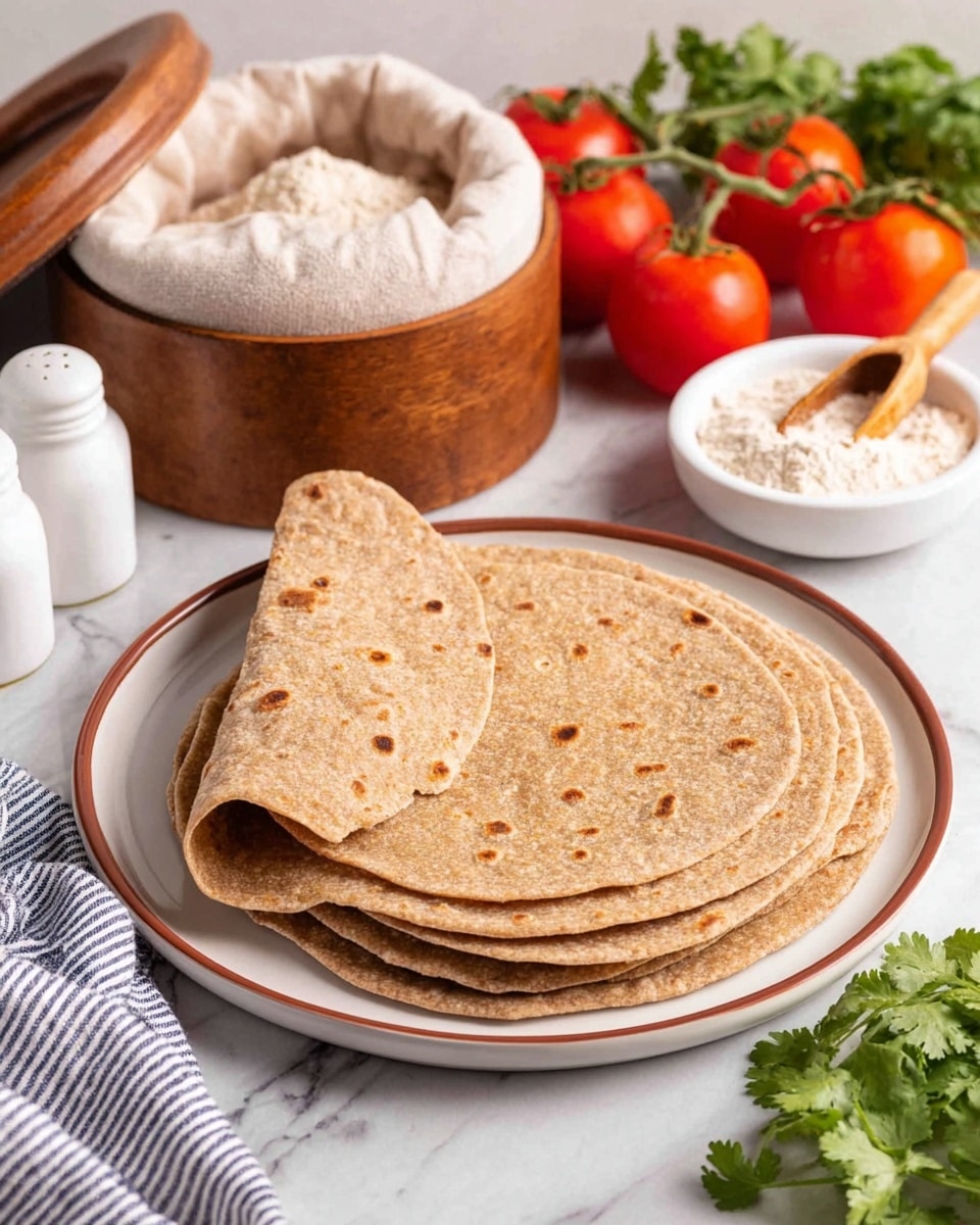 A stack of eight round, thin flatbreads with a light brown color and small dark spots, resting on a beige cloth that is partly covering the top flatbread. The flatbreads have a slightly rough texture and are placed on a white marbled surface. In the background, there is a blurred bowl with light powder, a small dark plate with lime wedges, and hints of green herbs in the foreground. Photo taken with an iphone --ar 4:5 --v 7