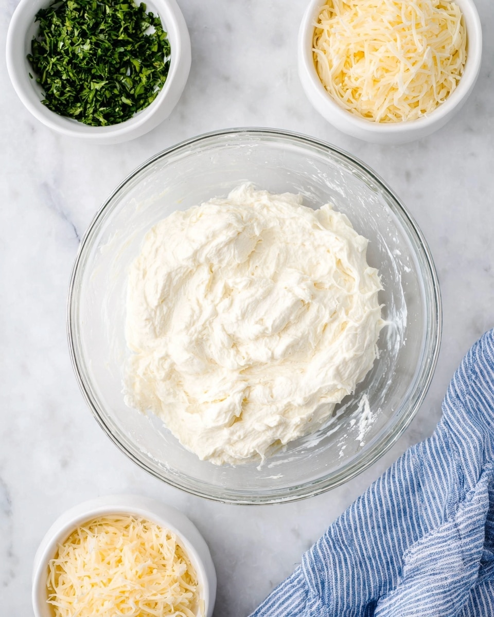 A clear glass bowl in the center holds a thick, creamy white mixture with a slightly lumpy texture. Around the bowl, three smaller white bowls contain different ingredients: the top left bowl is filled with finely chopped green herbs, the top right bowl is filled with shredded pale yellow cheese, and the bottom left bowl contains finely grated light yellow cheese. A blue and white striped cloth is partially visible in the bottom right corner, all set on a white marbled surface. photo taken with an iphone --ar 4:5 --v 7