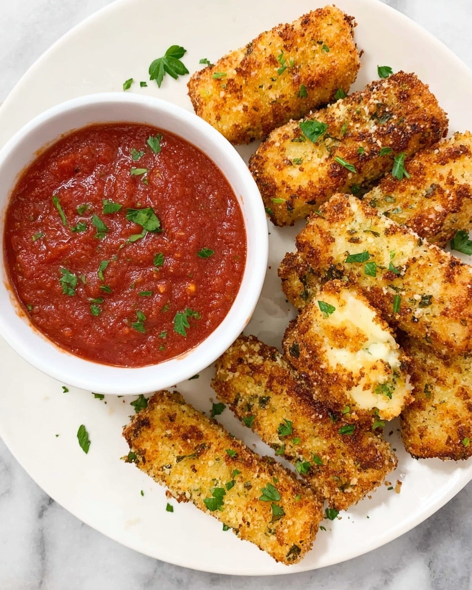The image shows a white plate with eight breaded and baked rectangular mozzarella sticks arranged in a curved line on the right side. Each mozzarella stick has a golden-brown, crispy crust with some specks of green herbs and melted cheese visible where the crust is broken. Fresh green parsley leaves are sprinkled over the mozzarella sticks, adding a touch of color. On the left side of the plate, a white bowl filled with chunky red marinara sauce garnished with small parsley pieces is placed slightly overlapping the mozzarella sticks. The plate is set on a white marbled surface. Photo taken with an iphone --ar 4:5 --v 7