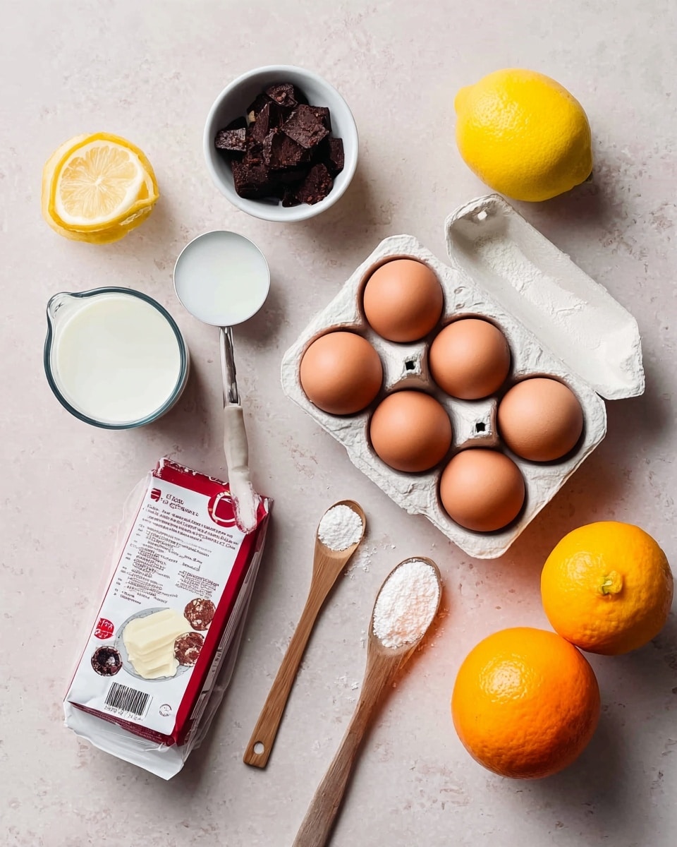 The image shows a flat lay of baking ingredients on a white marbled surface. In the top right, there is half a lemon, and near the bottom right corner, there is a whole lemon and an orange side by side. To the right center is a white egg carton holding four brown eggs. In the middle right are two wooden-handled spoons, each holding white powdery ingredients. Above those spoons is a small white measuring cup filled with dark brown chunks, stacked to the brim. Near the left bottom quadrant is a transparent glass of milk and a smaller glass with a dark liquid. To the left bottom corner is a white package of cream cheese with a red label and a small wooden spoon with a white tip resting diagonally beside it. photo taken with an iphone --ar 4:5 --v 7
