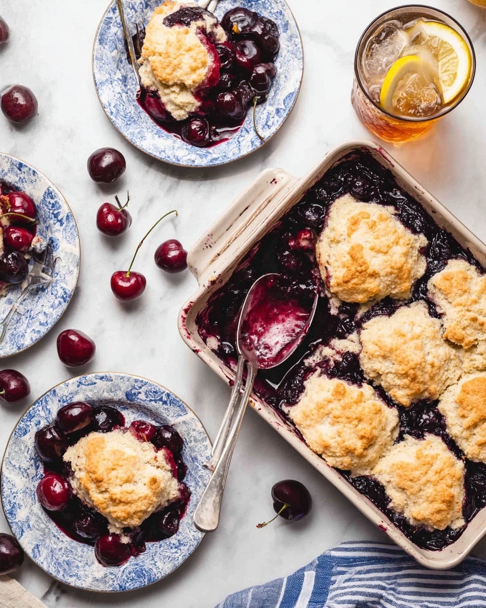 A white patterned shallow bowl holds a serving of cherry cobbler with three visible layers: a rough, light golden crumbly top crust, a dark red cherry filling with whole glossy cherries peeking through, and a moist, light beige base layer. On the right side of the bowl, a round scoop of creamy, pale white vanilla ice cream rests against the cobbler with some melted ice cream mixing at the edges. The bowl sits on a white marbled surface with a blurred white cloth and scattered dark cherries in the background. Photo taken with an iphone --ar 4:5 --v 7