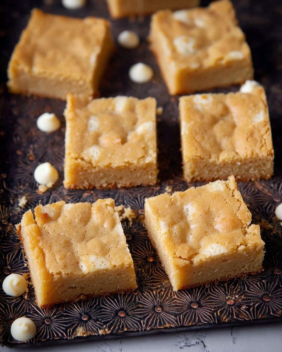 The image shows nine square blondie bars with a light golden-brown top layer that has a slightly cracked texture, arranged in a grid on a patterned dark tray. The blondies are thick with a single homogeneous layer that looks soft inside and a bit firmer on top. There are small white chocolate chips scattered loosely around the bars on the tray. The background is a white marbled texture. photo taken with an iphone --ar 4:5 --v 7