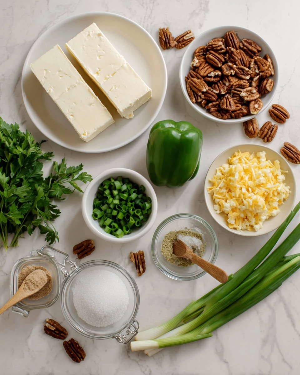 The image shows an arrangement of ingredients on a white marbled surface. There are two blocks of cream cheese placed side by side on a white plate at the top left. Around the plate are various bowls: a white bowl filled with chopped pecans, a small white bowl with green chopped scallions, a medium white bowl with yellow crushed pineapple, a tiny white bowl with green chopped parsley, and a jar with more pecans beside it. A green bell pepper is also placed directly on the surface. Fresh parsley and green onions lay close together, with the green onions stretching diagonally. There is also a small glass jar containing a light brown powder with a spoon inside, a white bowl filled with white granulated sugar with a wooden spoon resting on top, and pecan halves scattered on the surface. All items are clear and evenly lit, creating a fresh and clean look. Photo taken with an iphone --ar 4:5 --v 7