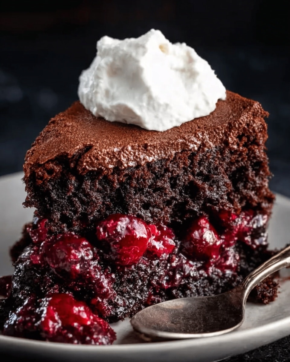 A slice of chocolate cake with three visible layers: a thick dark brown top layer with a smooth texture, a middle layer of rich, moist chocolate cake, and a bottom layer filled with bright red cherry filling that looks juicy and slightly thick. On top of the cake slice, there is a dollop of white cream with a soft, fluffy texture. The cake slice is on a white plate with a dark background that contrasts the colors of the cake. A silver spoon is placed near the plate. photo taken with an iphone --ar 4:5 --v 7