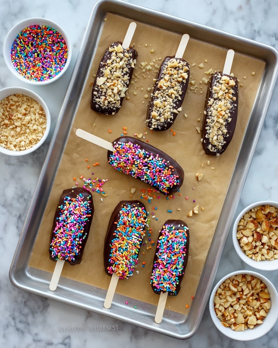 The image shows eight chocolate-covered banana pieces on white sticks, arranged in two rows on parchment paper inside a metal tray. Four bananas on the top row are sprinkled with chopped nuts, showing a rough texture of light brown and creamy bits. The four bananas on the bottom row are coated with colorful round and rod-shaped sprinkles in bright colors like pink, blue, orange, green, and white, giving a lively, festive look. On each side of the tray, there are white bowls filled with chopped nuts and colorful sprinkles placed on a white marbled surface. Photo taken with an iphone --ar 4:5 --v 7