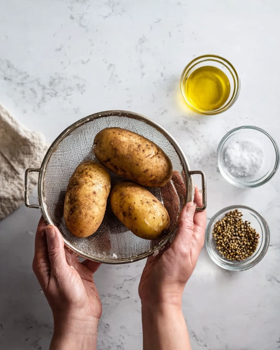 The image shows a woman's hands holding a brown potato above a silver metal colander with two other similar brown potatoes inside. Next to the colander, on a white marbled surface, are three small clear glass bowls; one contains olive oil, another has salt, and the last one is filled with coriander seeds. The potatoes have a rough, slightly dusty texture. Photo taken with an iphone --ar 4:5 --v 7