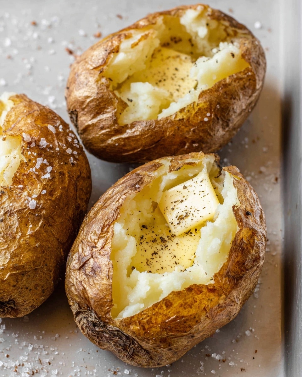 Three baked potatoes sit on a white marbled surface, each with a crispy brown skin sprinkled with coarse salt. The tops of the potatoes are open, showing fluffy, creamy off-white potato inside with a rough texture. On top of the potato inside each one is a melted layer of pale yellow butter sprinkled with black pepper. The potatoes are arranged in a close cluster with some scattered salt crystals around them. photo taken with an iphone --ar 4:5 --v 7