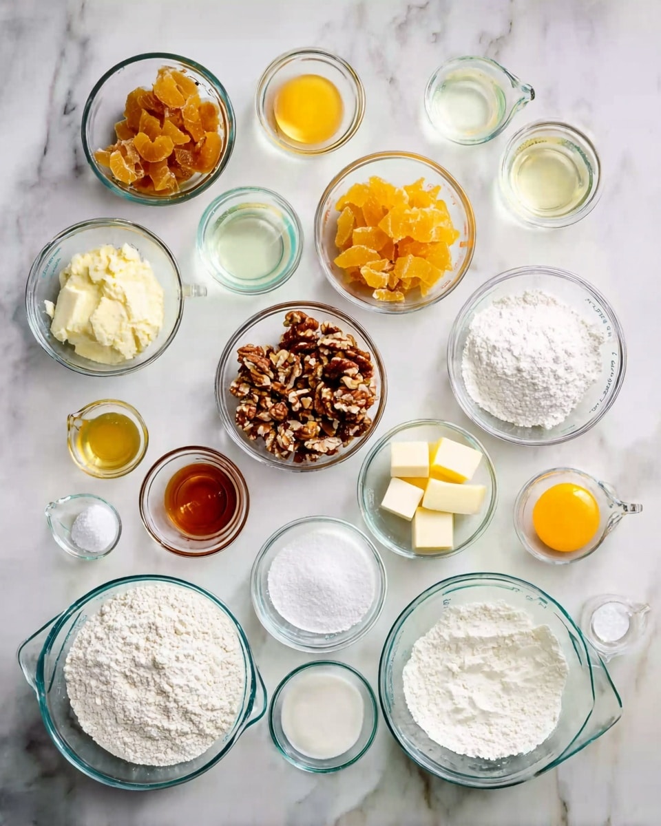 The image shows a flat lay of many clear glass bowls and measuring cups arranged evenly on a white marbled surface, each filled with different baking ingredients. There are large bowls of white flour and white sugar, a bowl of chopped nuts with a brown color, a smaller bowl of golden-yellow dried fruit slices, and containers with pale yellow butter cubes, and clear liquids. Other bowls hold egg yolks that are bright yellow, shredded white coconut, and a creamy white soft ingredient. The measuring cups contain light amber syrup, clear liquid, and small amounts of white salt and vanilla extract. The photo has bright, natural lighting and is taken with an iphone --ar 4:5 --v 7