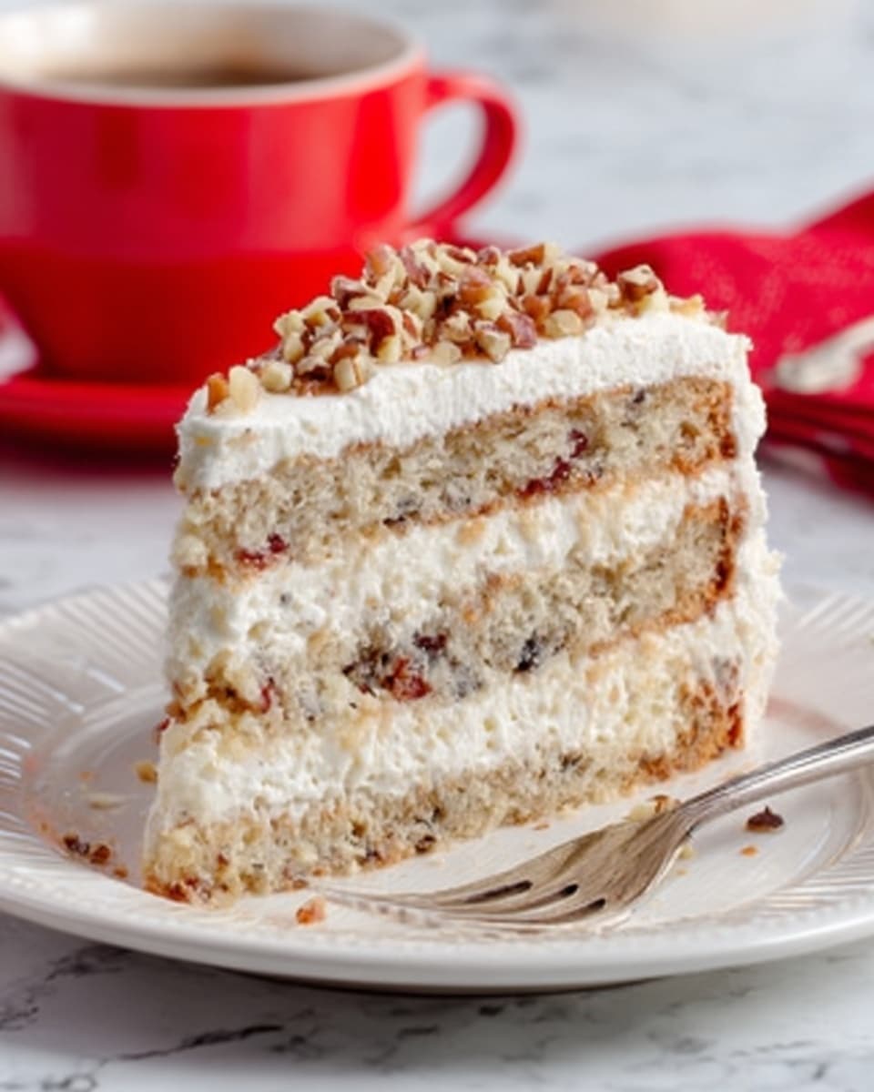 The image shows a thick slice of multi-layered cake on a white plate, placed on a white marbled surface. The cake has at least three visible layers with light beige sponge cake alternating with creamy white frosting mixed with bits of nuts or fruit. The top layer is covered with smooth white frosting, lightly decorated with chopped nuts. Behind the plate, there is a red cup blurred out that adds color contrast. A silver fork rests beside the cake on the plate. Photo taken with an iphone --ar 4:5 --v 7