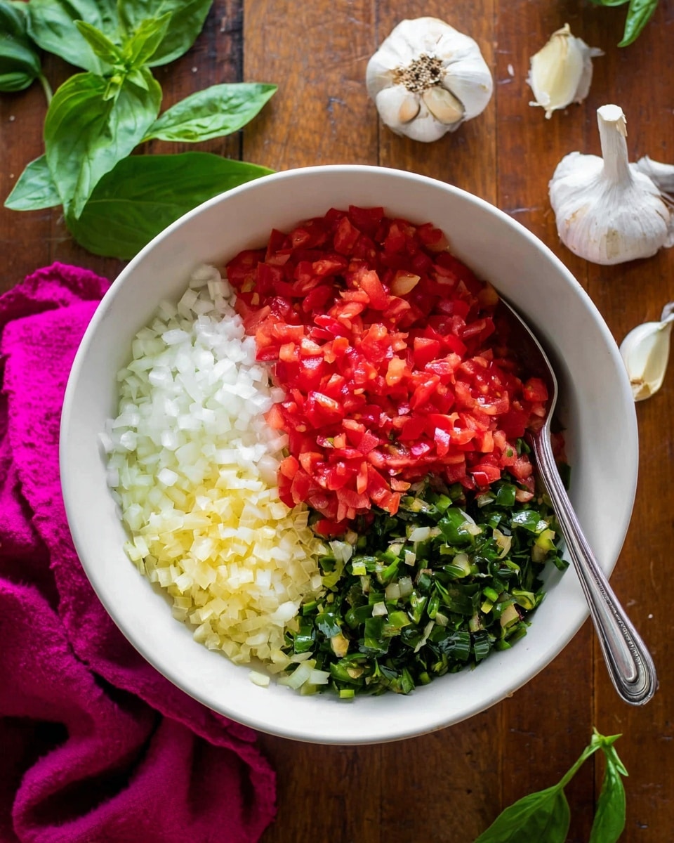 A white bowl sits on a wooden surface with four layers of ingredients inside, arranged side by side rather than stacked. On the top left is a bright red layer of finely chopped tomatoes, next to it on the right is a white layer of finely chopped onions. Below the tomatoes on the left is a pale yellow layer of minced garlic, and at the bottom right is a bright green layer of chopped leafy herbs or greens. A shiny silver spoon rests inside the bowl on the right side. Surrounding the bowl are fresh garlic cloves, green leaves, and a magenta cloth nearby. Photo taken with an iphone --ar 4:5 --v 7