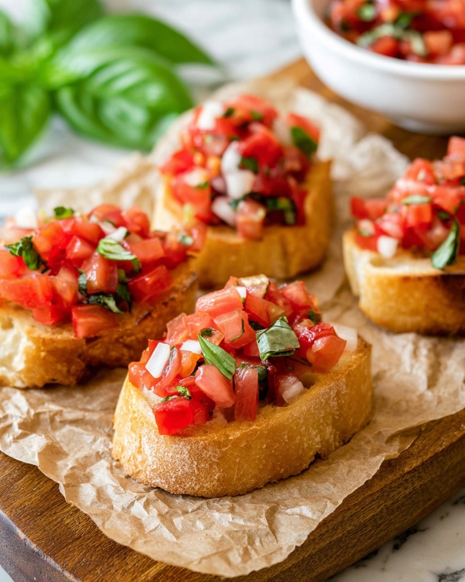 There are four pieces of toasted bread slices placed on crumpled brown paper on a wooden board. Each bread slice is topped with a colorful mix of diced red tomatoes, small white onion pieces, and green basil leaves, creating a fresh and vibrant look. The bread has a golden crust with a soft inside, and the topping is piled high with bright and juicy textures. In the background, there is a white bowl and a few fresh basil leaves visible, all on a white marbled surface. The photo taken with an iphone --ar 4:5 --v 7