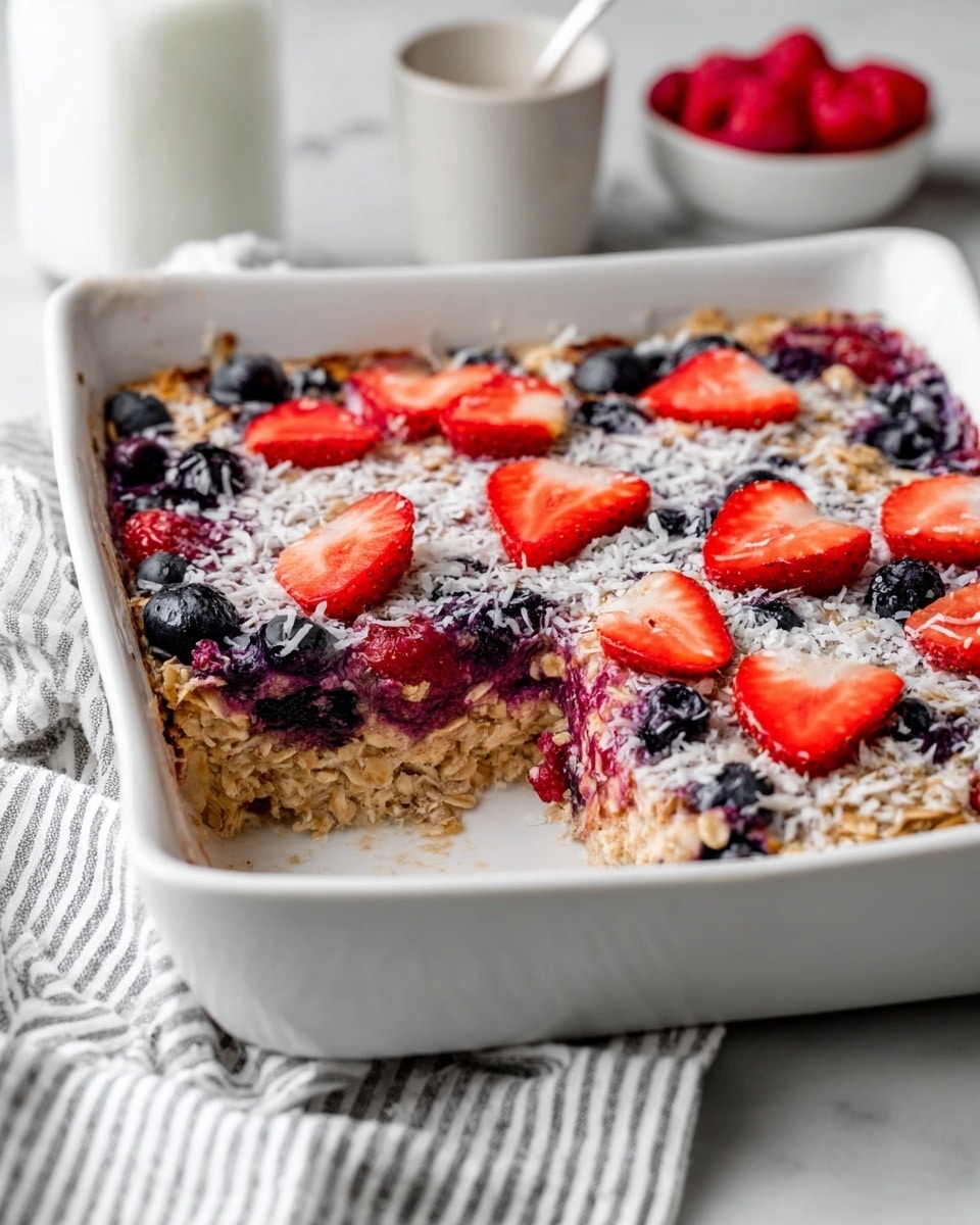 A white baking dish filled with a layered oatmeal berry bake, showing three layers: the bottom layer is a creamy, slightly soaked oat mixture with a golden brown edge, the middle layer has mixed blueberries and raspberries that add deep purples and bright reds, and the top layer is sprinkled with shredded coconut and sliced strawberries spread unevenly over a light textured oat surface; a portion has been scooped out from the front corner, revealing moist oats mixed with berries, all placed on a white marbled surface with a striped cloth nearby and a small white cup of milk and a white bowl of raspberries blurred in the background, photo taken with an iphone --ar 4:5 --v 7