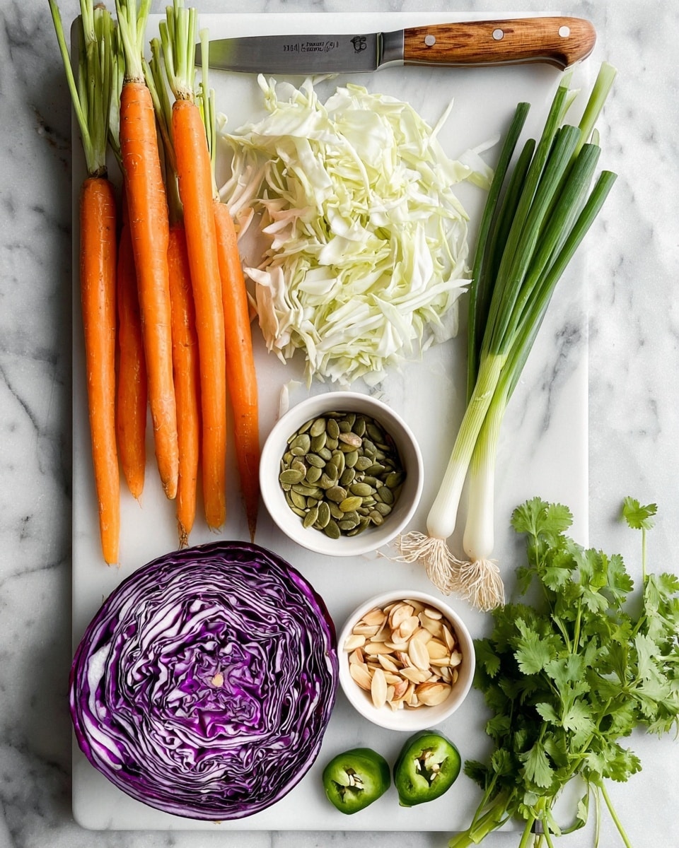 The image shows a white marble cutting board with various fresh ingredients arranged on it. On the left side, there are five whole orange carrots with green leafy tops. Above them is a pile of thinly sliced white cabbage strips next to a knife with a wooden handle placed horizontally. To the right of the knife are three green onions with roots still attached. Below the green onions is a small white bowl filled with green pumpkin seeds. Near the center bottom is half a purple cabbage showing its layered, twisted pattern. Beside the cabbage on the left is a small white bowl containing chopped almonds. Two halves of a green jalapeño pepper, showing seeds inside, are positioned near the pumpkin seeds. Green cilantro leaves cluster at the bottom right corner. The background is a white marble textured surface. Photo taken with an iphone --ar 4:5 --v 7