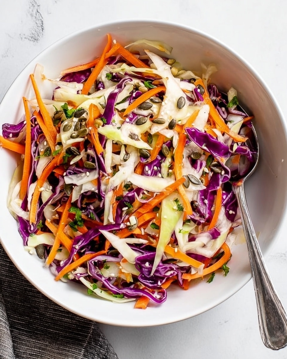 A large white bowl filled with a colorful salad showing three layers: the bottom layer is thin strips of white cabbage, the middle layer is bright orange shredded carrots, and the top layer is thin slices of purple cabbage mixed with chopped green herbs and green onions. Two long gold spoons are placed inside the bowl on the left side. The bowl sits on a white marbled surface with a striped cloth underneath, and small dishes with green pumpkin seeds and chopped nuts are nearby. Fresh green cilantro leaves are placed at the top right of the image. Photo taken with an iphone --ar 4:5 --v 7