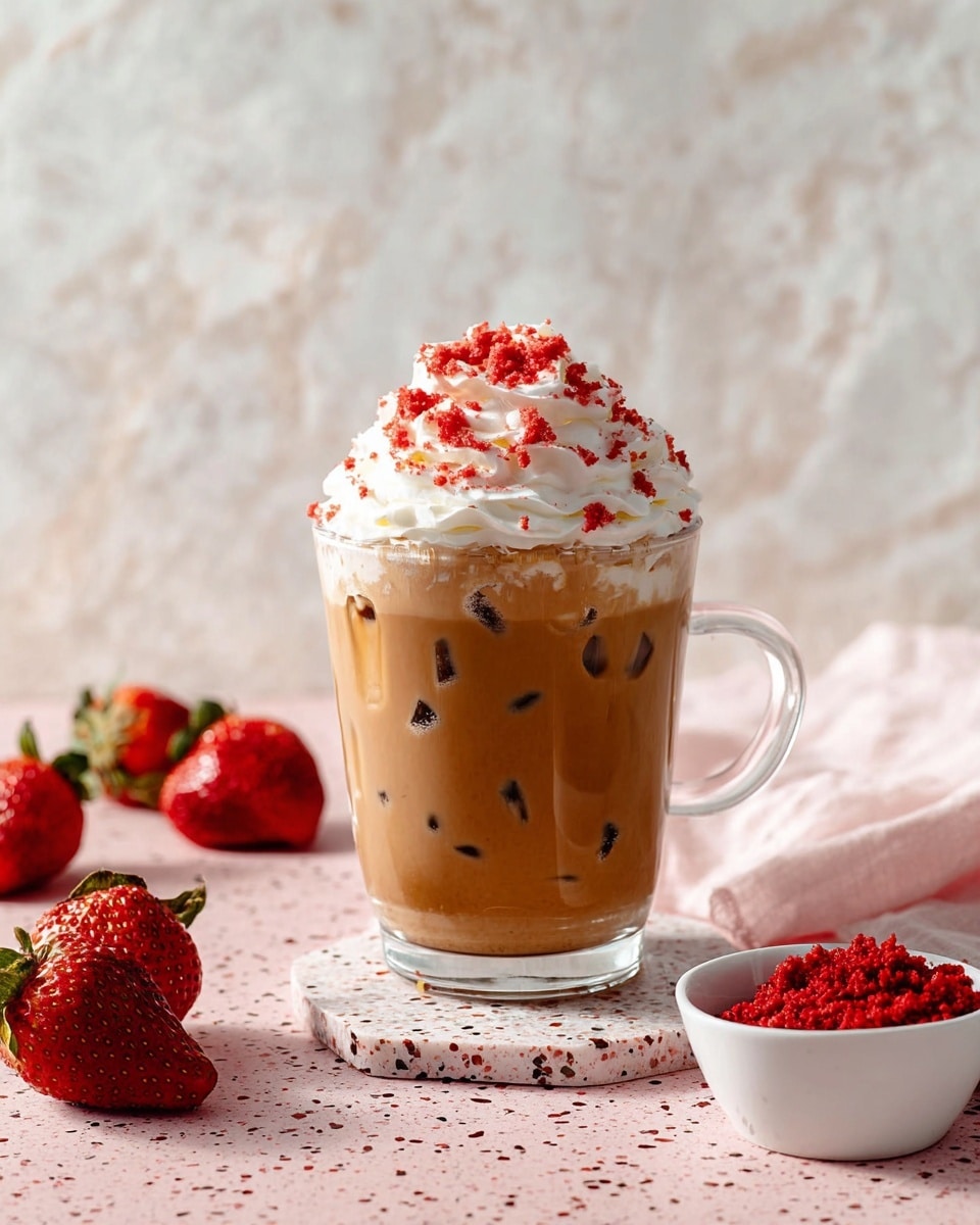 A clear glass cup filled with a creamy brown iced drink with visible black ice cubes inside. On top, there is a thick layer of white whipped cream sprinkled with bright red crumbles. The cup rests on a pink speckled surface with fresh red strawberries scattered around. A small white bowl with more red crumbles is placed near the front right. The background shows a soft white marbled texture. Photo taken with an iphone --ar 4:5 --v 7