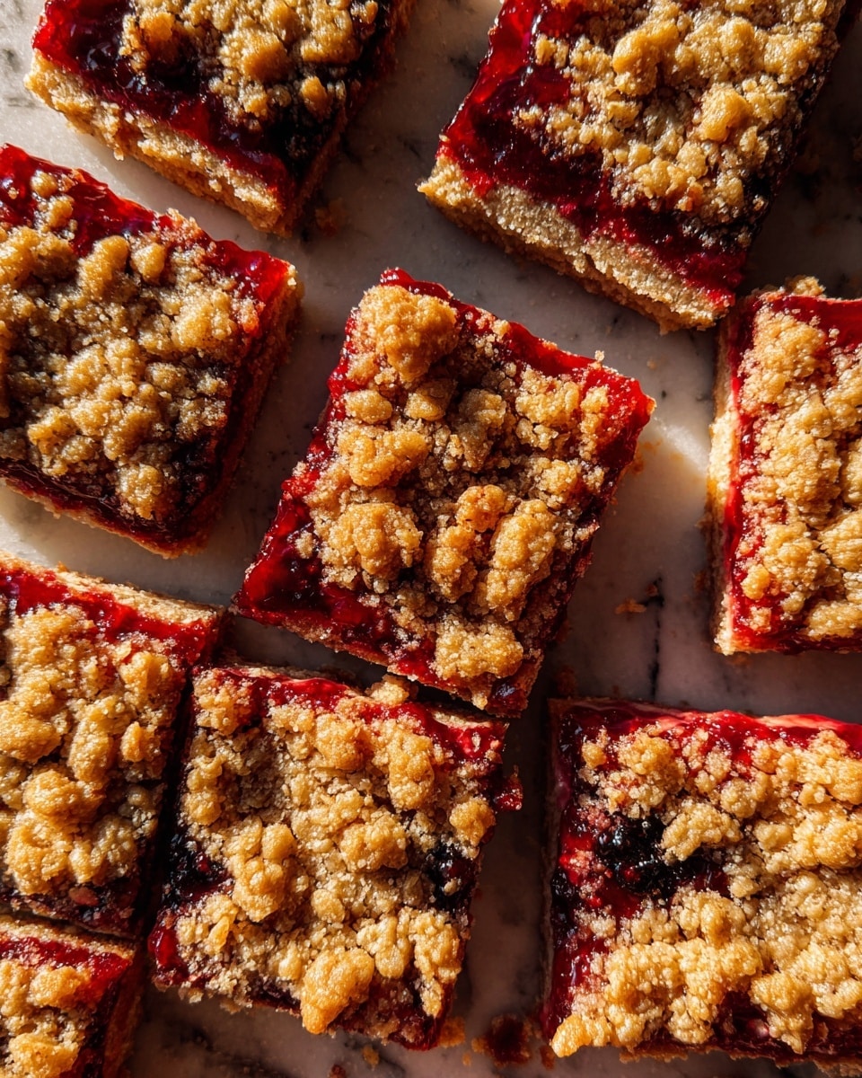 This image shows a tray of rectangular jam bars cut into smaller squares, arranged closely next to each other on a white marbled surface. Each bar has three visible layers: a light brown, crumbly oat crust at the bottom; a thick, shiny red jam layer in the middle with visible pieces of raspberry; and a golden brown crumbly oat topping with uneven chunks scattered across, some darker spots showing baked texture. The bars are slightly uneven in shape, with the jam peeking through in different spots. Bright natural light highlights the shiny jam and the crumbly texture on top. photo taken with an iphone --ar 4:5 --v 7
