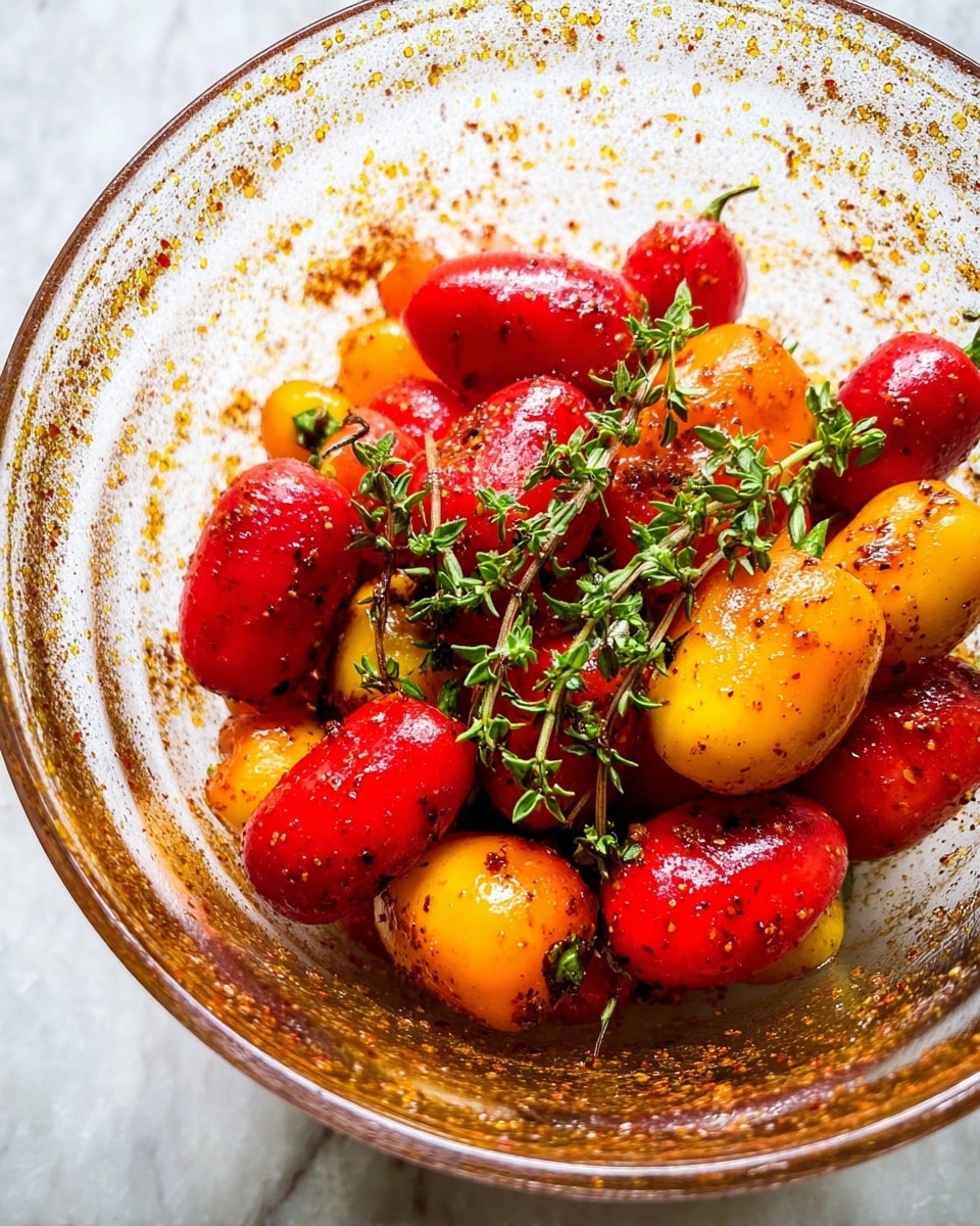 A clear glass bowl filled with two layers of small red and yellow mini peppers, each pepper covered in a light layer of brown spices and oil, giving them a shiny look. On top of the peppers are small green sprigs of fresh thyme with tiny flowers. The bowl shows spice spots on its inside surface. The whole scene is set on a white marbled surface. photo taken with an iphone --ar 4:5 --v 7