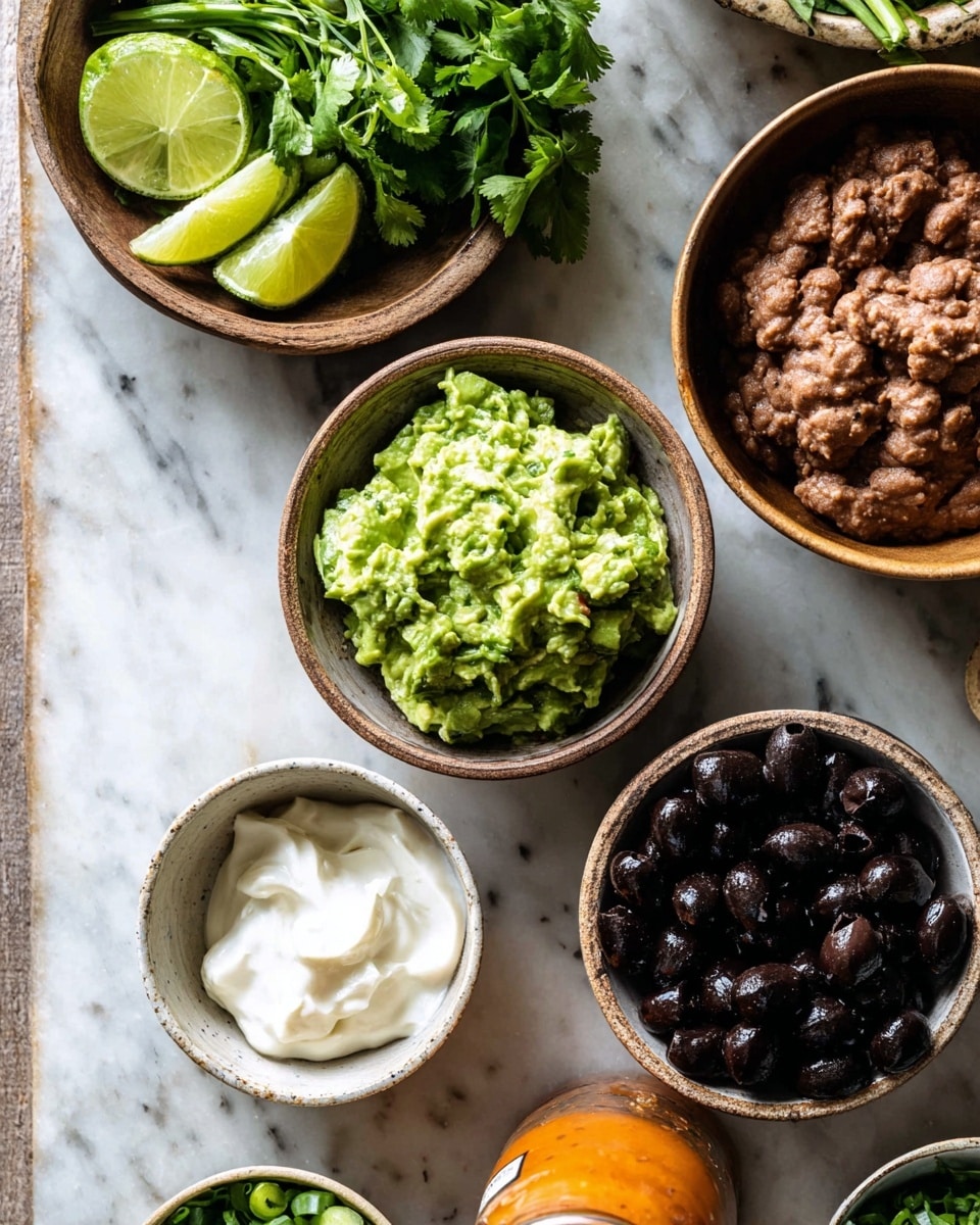 The image shows several small bowls on a white marbled surface, each filled with different ingredients. One bowl contains chunky green guacamole with a creamy texture, sitting at the center bottom. To its right is a bowl filled with shiny black olives, round and smooth. Above the olives is a bowl of brown refried beans with a thick, slightly grainy texture. On the left, a wooden bowl holds fresh green herbs like cilantro, lime wedges, and chopped green onions. At the very bottom left, there is a white bowl filled with smooth, white sour cream. Part of a bottle with orange salsa is visible at the bottom center. Photo taken with an iphone --ar 4:5 --v 7