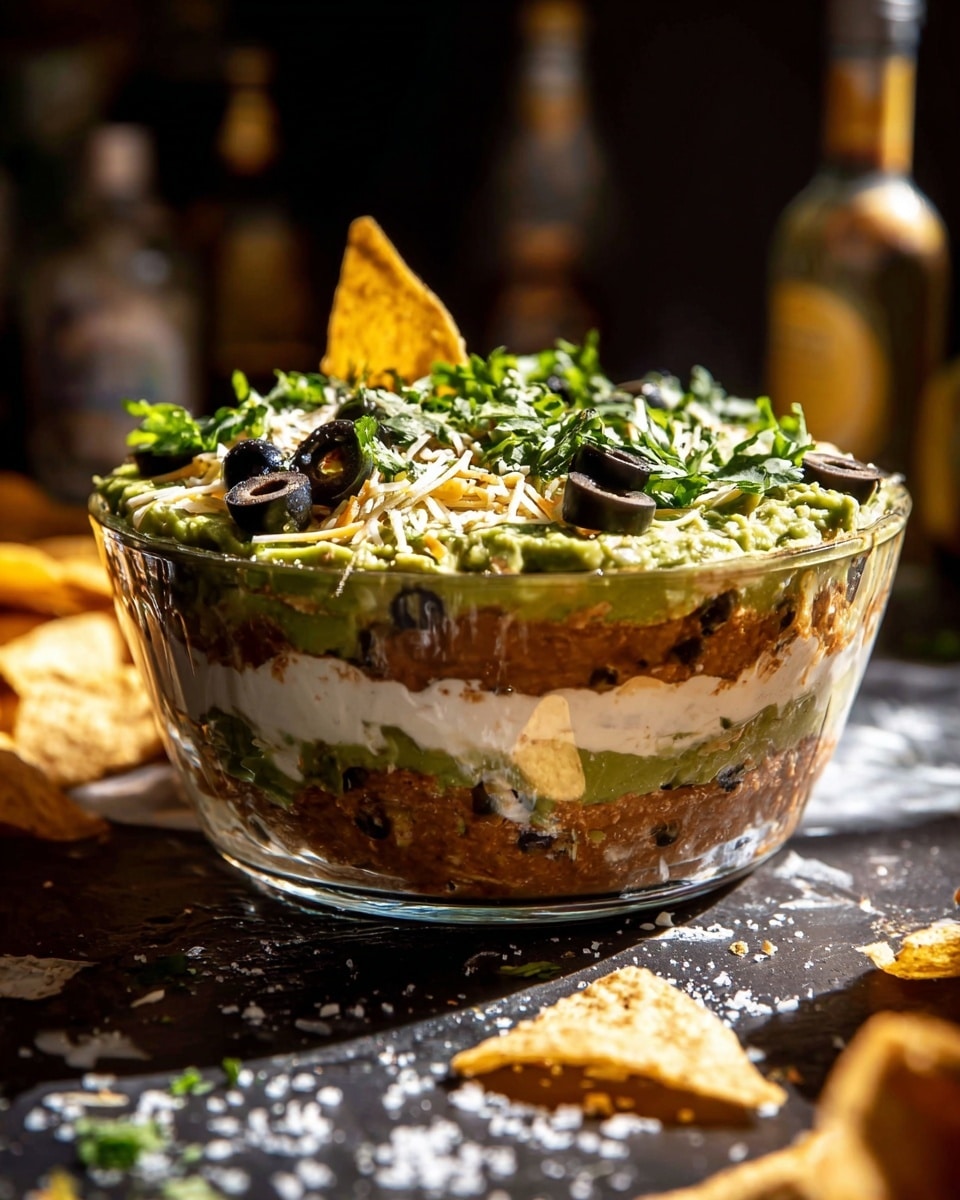 A clear glass bowl shows a layered dip with five visible layers: the bottom layer is a brownish refried bean mix, followed by a thick white creamy layer, then a bright green guacamole layer, topped with shredded white cheese mixed with black olive slices, and finished with a generous sprinkle of chopped green cilantro on top. One tortilla chip is stuck upright in the top layer. The bowl is placed on a dark surface with scattered tortilla chips and coarse salt around it. The background is dark with blurred bottles, and the photo has warm, natural lighting. photo taken with an iphone --ar 4:5 --v 7