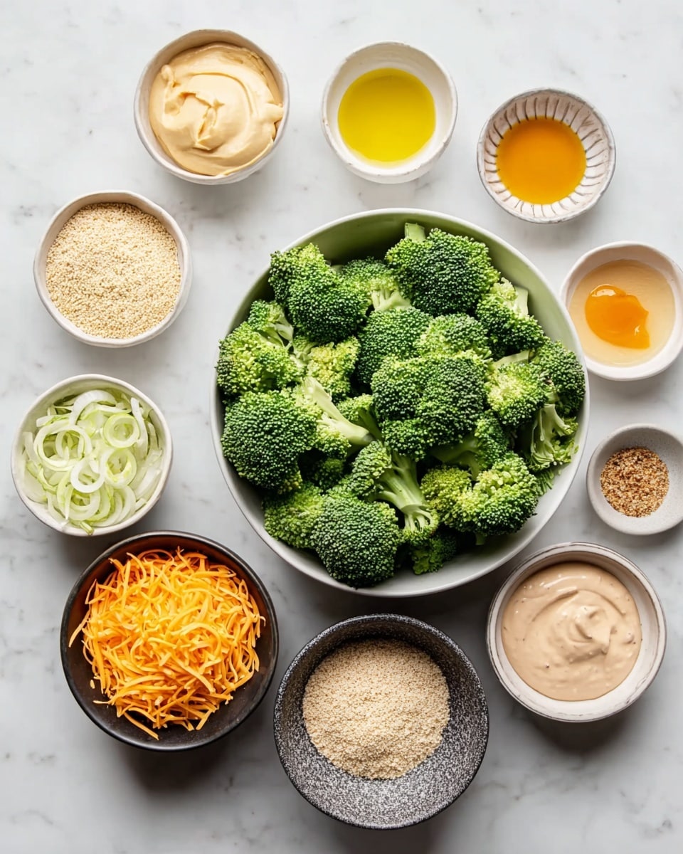 A large white bowl in the center filled with fresh, bright green broccoli florets with rough texture and visible stalks. Surrounding the bowl are smaller white bowls and one black bowl holding different ingredients: shredded orange cheddar cheese with a stringy texture in one bowl, finely chopped white onions in the black bowl, light beige breadcrumbs with a crumbly texture in another, creamy pale yellow mustard in a small bowl, pale pinkish-beige mushroom sauce with a thick smooth texture in a speckled dark grey bowl, smooth off-white mayonnaise in a white bowl, golden yellow olive oil in a small white bowl, a pale orange mixed beaten egg in a white bowl, and a small bowl with light brown garlic powder. All bowls are placed on a white marbled surface. Photo taken with an iphone --ar 4:5 --v 7