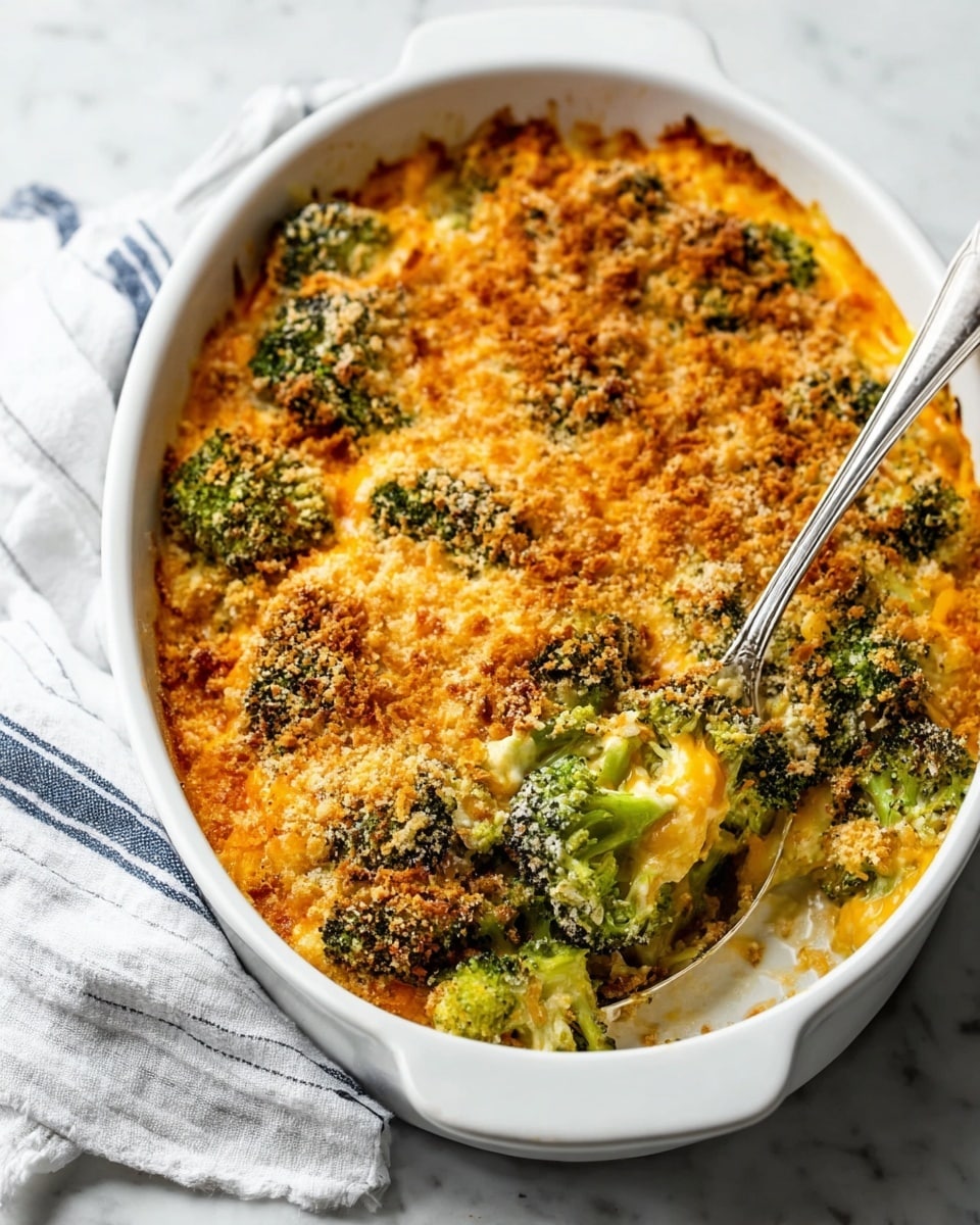 A white oval dish filled with a broccoli casserole showing three clear layers: at the bottom, bright green broccoli florets sitting in a creamy white sauce; the middle layer is melted orange-yellow cheese that covers the broccoli; the top is a golden brown crunchy breadcrumb topping scattered unevenly, with some broccoli visible through it. A silver spoon scoops a portion from the right side, lifting broccoli with sauce and crunchy topping. The dish is set on a white marbled surface with a striped cloth near the bottom right corner. Photo taken with an iphone --ar 4:5 --v 7