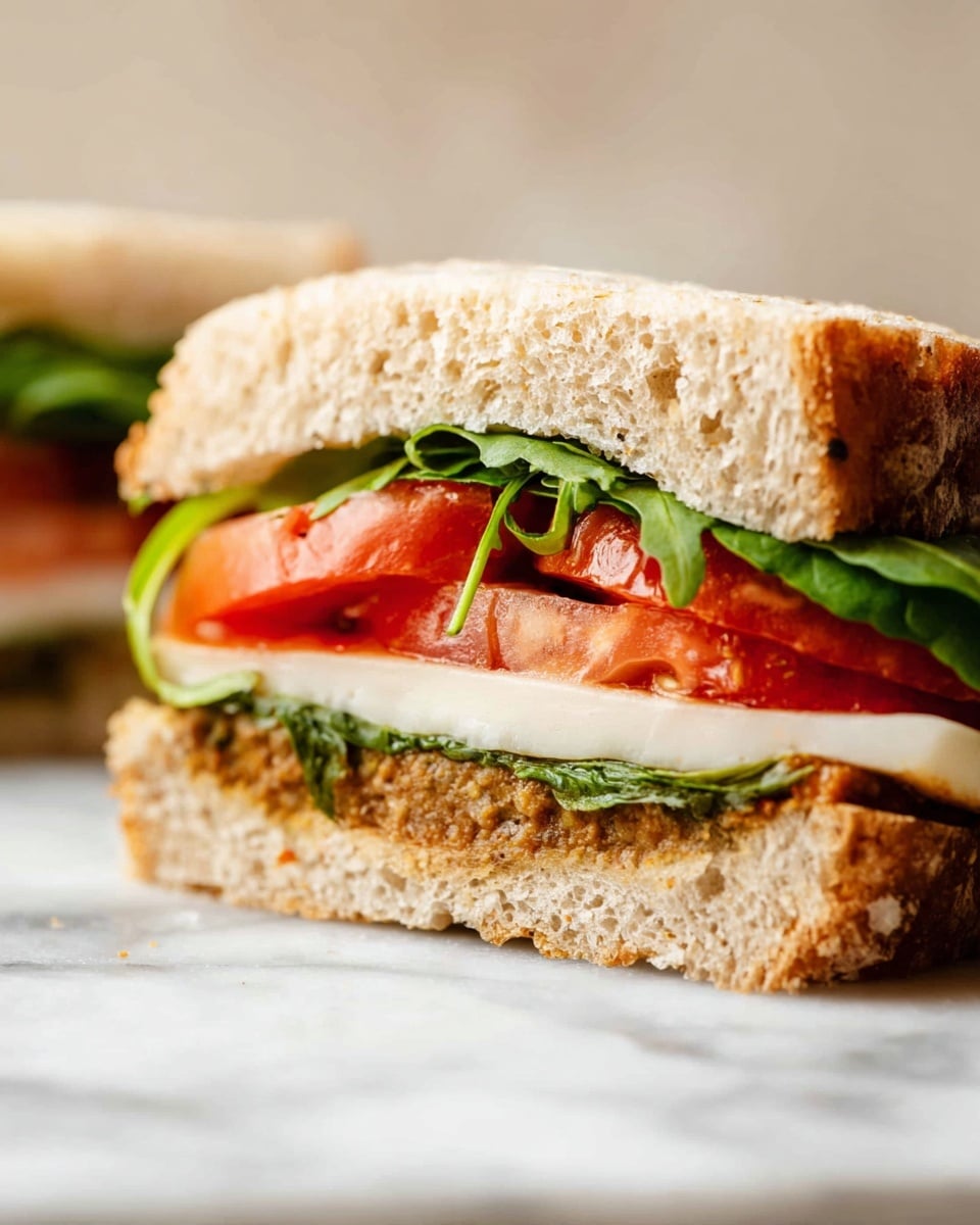 The image shows a sandwich cut in half, placed on a white marbled surface. Each half has four visible layers: the top layer is a light brown, soft bread with a slightly rough texture; under the bread is a thin layer of red tomato slices; below the tomato is a smooth white cheese slice; underneath the cheese is a layer of fresh green leafy spinach or arugula; the bottom layer is a thick, crumbly brown patty or spread, sitting on the bottom slice of bread, which matches the texture and color of the top bread slice. The sandwich looks fresh and vibrant with a close-up focus on the front half. Photo taken with an iphone --ar 4:5 --v 7