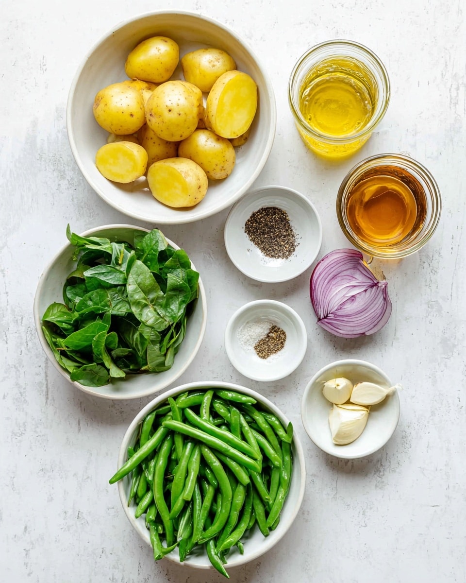 The image shows six white bowls and small dishes arranged on a white marbled surface. At the top left is a white bowl filled with small yellow potatoes, some halved showing their smooth yellow inside. To the right of this are two glass jars, one with a golden liquid, and the other with a darker amber liquid. Below these, two small white dishes hold ground black pepper and minced garlic. At the bottom left is a white bowl with fresh dark green leaves, and to its right is another white bowl filled with bright green beans, all whole and fresh. Photo taken with an iphone --ar 4:5 --v 7