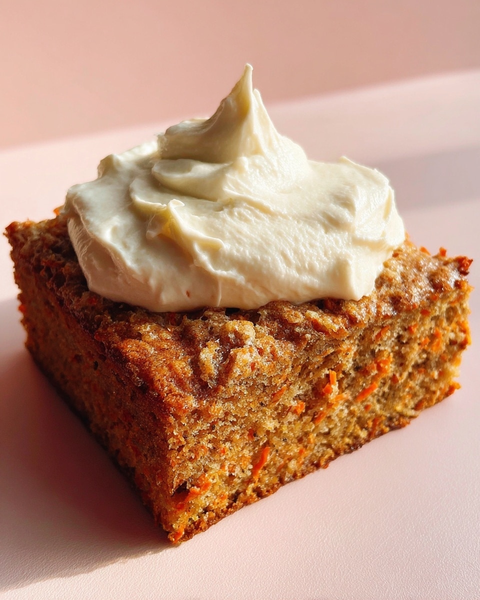 The image shows a square piece of carrot cake with a rough, textured brown surface, orange carrot bits visible throughout. On top, there is a large dollop of thick, creamy white frosting with soft peaks and swirls. The cake sits on a smooth, light pink surface. photo taken with an iphone --ar 4:5 --v 7