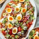 Spiced Chickpeas and Soft-Boiled Eggs with Herb Garlic Yogurt and Tomato Cucumber Salad Recipe