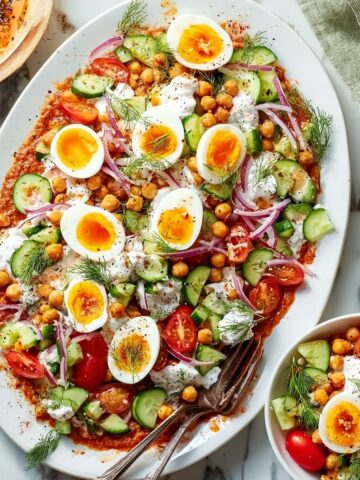 Spiced Chickpeas and Soft-Boiled Eggs with Herb Garlic Yogurt and Tomato Cucumber Salad Recipe