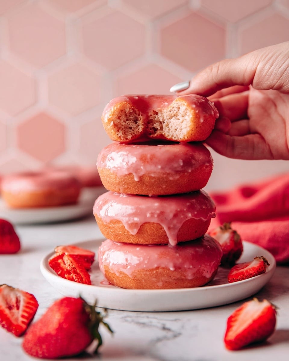 The image shows a white oval plate filled with eight shiny pink glazed donuts placed in three rows, some touching each other. The donuts have a smooth, glossy texture with a round hole in the center. Around the plate, there are fresh red strawberry pieces with the seeds visible, scattered randomly. To the lower right, a small white bowl holds some bright red strawberry sauce with a white spoon inside it. On the upper right side, a white spoon rests on the white marbled surface, with a little strawberry sauce dripping from it. On the upper left, one donut lies on the surface with a bite taken out, showing its soft, light inside. In the bottom left corner, there is a crumpled pink cloth adding color contrast against the white marble. The whole scene is bright and clean, with soft natural light highlighting the sweet textures. photo taken with an iphone --ar 4:5 --v 7