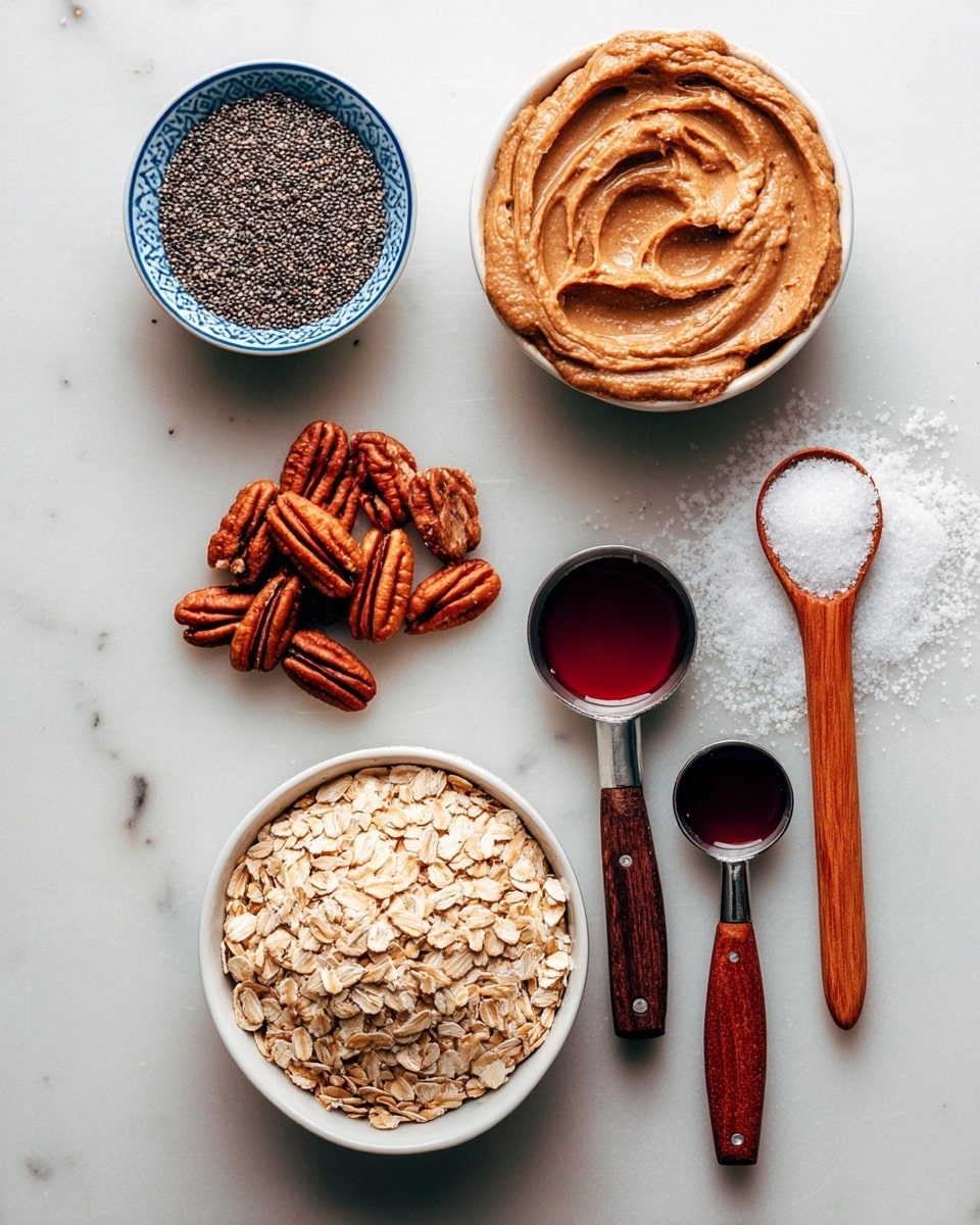 The image shows six items arranged neatly on a white marbled surface. At the top left, there is a white bowl with a blue rim filled with small black chia seeds. Below it, a small white bowl contains a handful of whole pecans that are brown and textured. Next to the pecans, in the center, a white bowl filled with smooth almond butter is swirled in the middle, showing its creamy light brown texture. Below the almond butter, a white bowl is filled with light beige rolled oats, with a few oats scattered around it on the surface. At the top, between the bowls, is a wooden spoon holding coarse white salt. On the right side, there are two measuring spoons with dark wooden handles; one large one holds a dark red liquid, and a smaller one holds fine white salt. The items are evenly spaced and arranged to display different textures and earthy colors. photo taken with an iphone --ar 4:5 --v 7