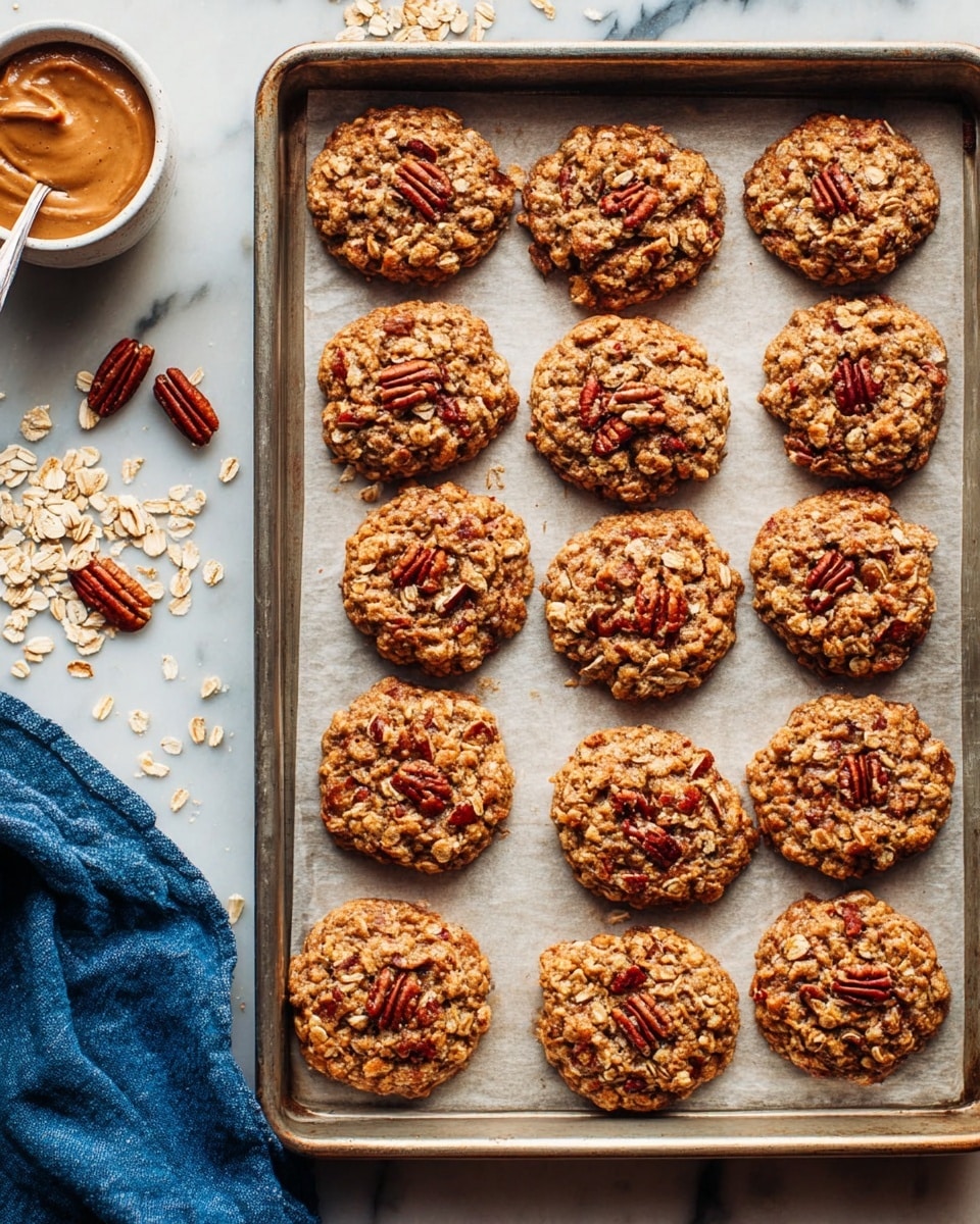 A metal baking tray filled with eleven round oatmeal cookies arranged in a loose grid, each cookie golden brown with visible oats and mixed pieces of pecans scattered on top, giving them a textured and chunky surface. The tray is lined with a sheet of parchment paper that slightly wrinkles under the cookies. Around the tray, on a white marbled surface, are scattered oats, a white bowl with creamy brown nut butter, and a few whole pecans, alongside a folded blue cloth in the bottom left corner. The lighting softly highlights the warm tones and details of the cookies' rough texture. Photo taken with an iphone --ar 4:5 --v 7